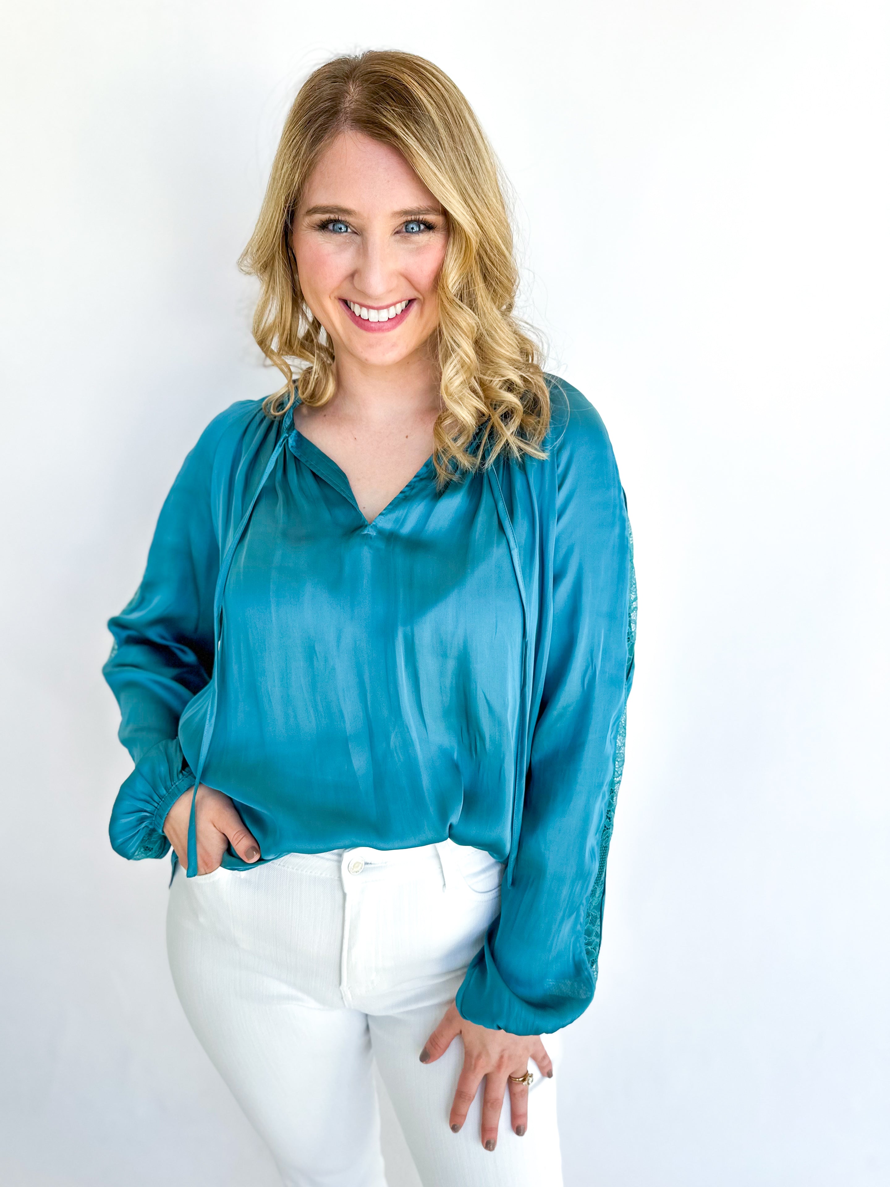 Ice Blue Lace Blouse-200 Fashion Blouses-CURRENT AIR CLOTHING-July & June Women's Fashion Boutique Located in San Antonio, Texas