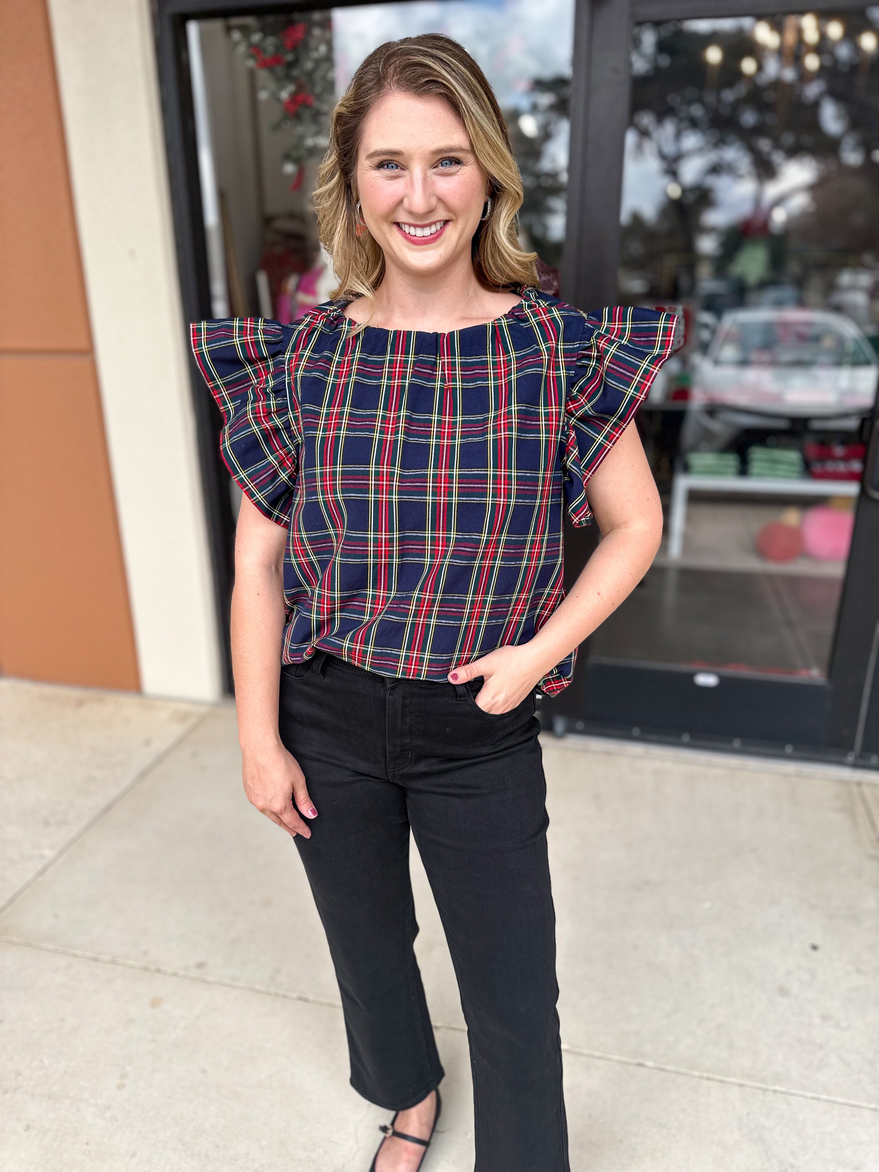 The Blair Ruffle Plaid Blouse - Navy-200 Fashion Blouses-ENTRO-July & June Women's Fashion Boutique Located in San Antonio, Texas