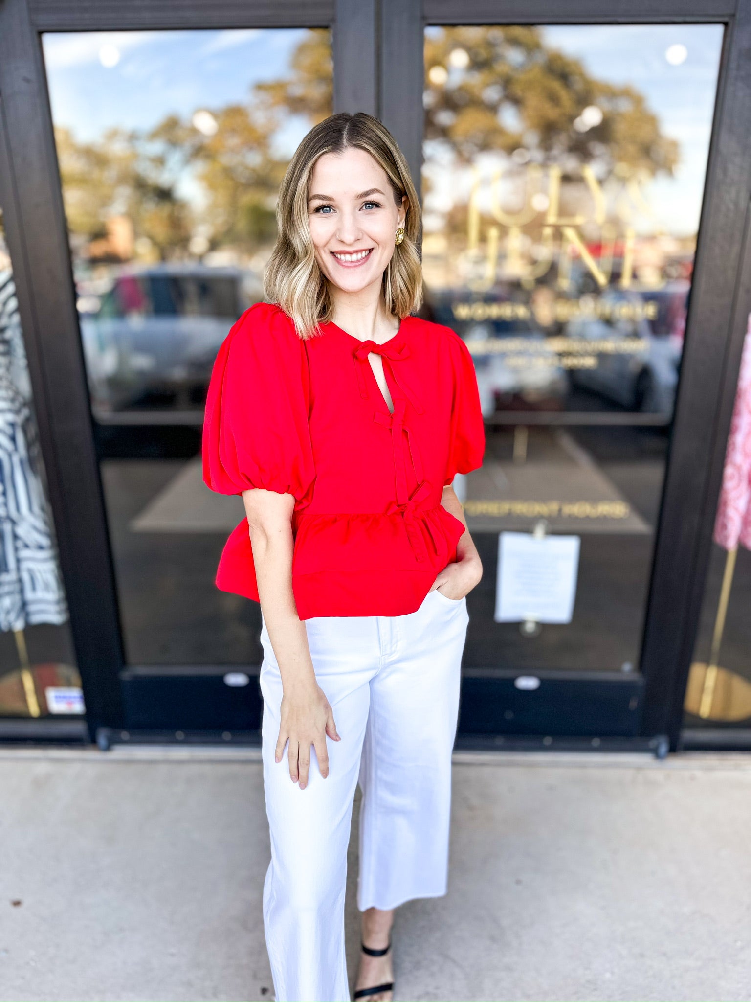 Feminine Bow Blouse - Red-200 Fashion Blouses-ENTRO-July & June Women's Fashion Boutique Located in San Antonio, Texas