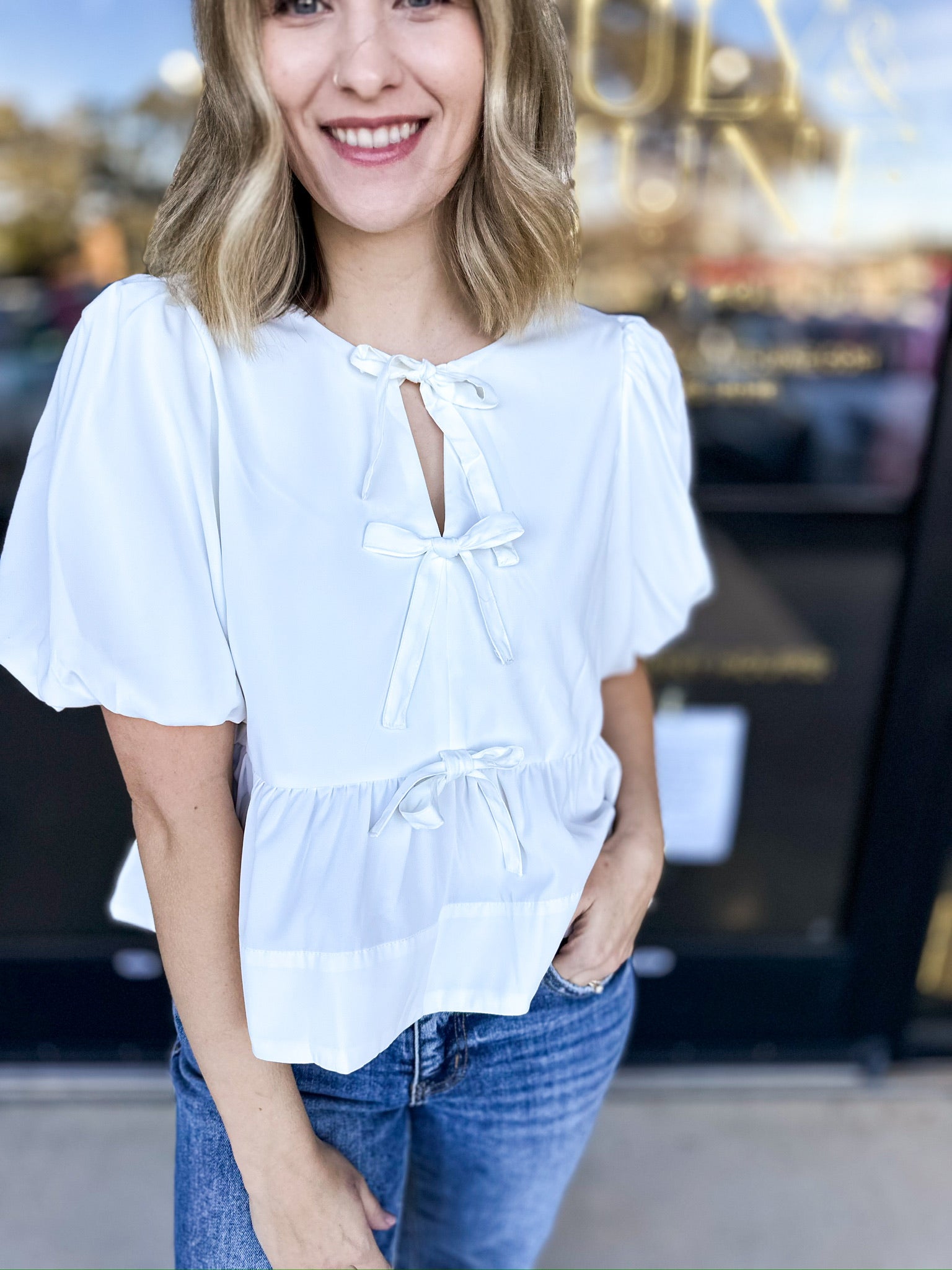 Feminine Bow Blouse - Ivory-200 Fashion Blouses-ENTRO-July & June Women's Fashion Boutique Located in San Antonio, Texas