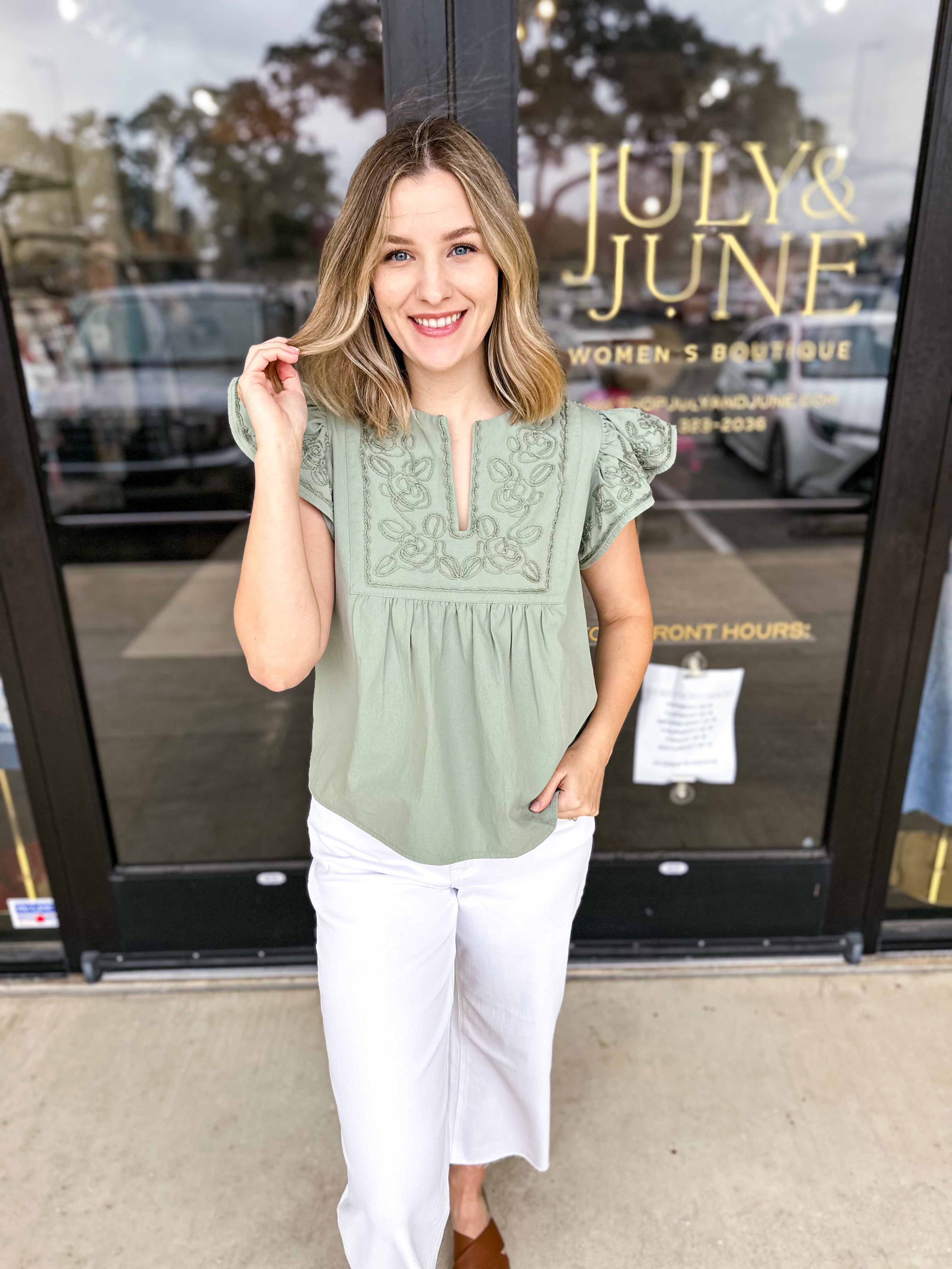 The Magnolia Embroidered Blouse - Seafoam-200 Fashion Blouses-ENTRO-July & June Women's Fashion Boutique Located in San Antonio, Texas