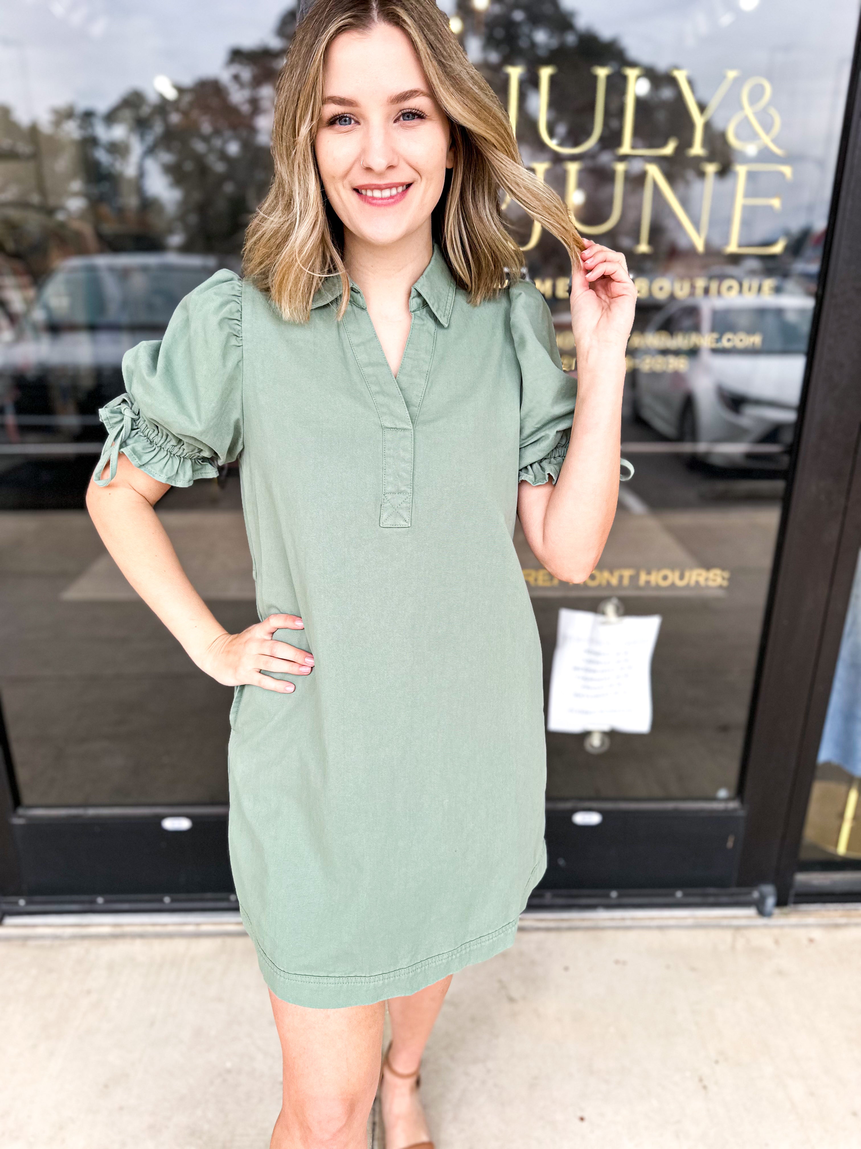 Denim Chic Mini Dress - Sage-510 Mini-ENTRO-July & June Women's Fashion Boutique Located in San Antonio, Texas