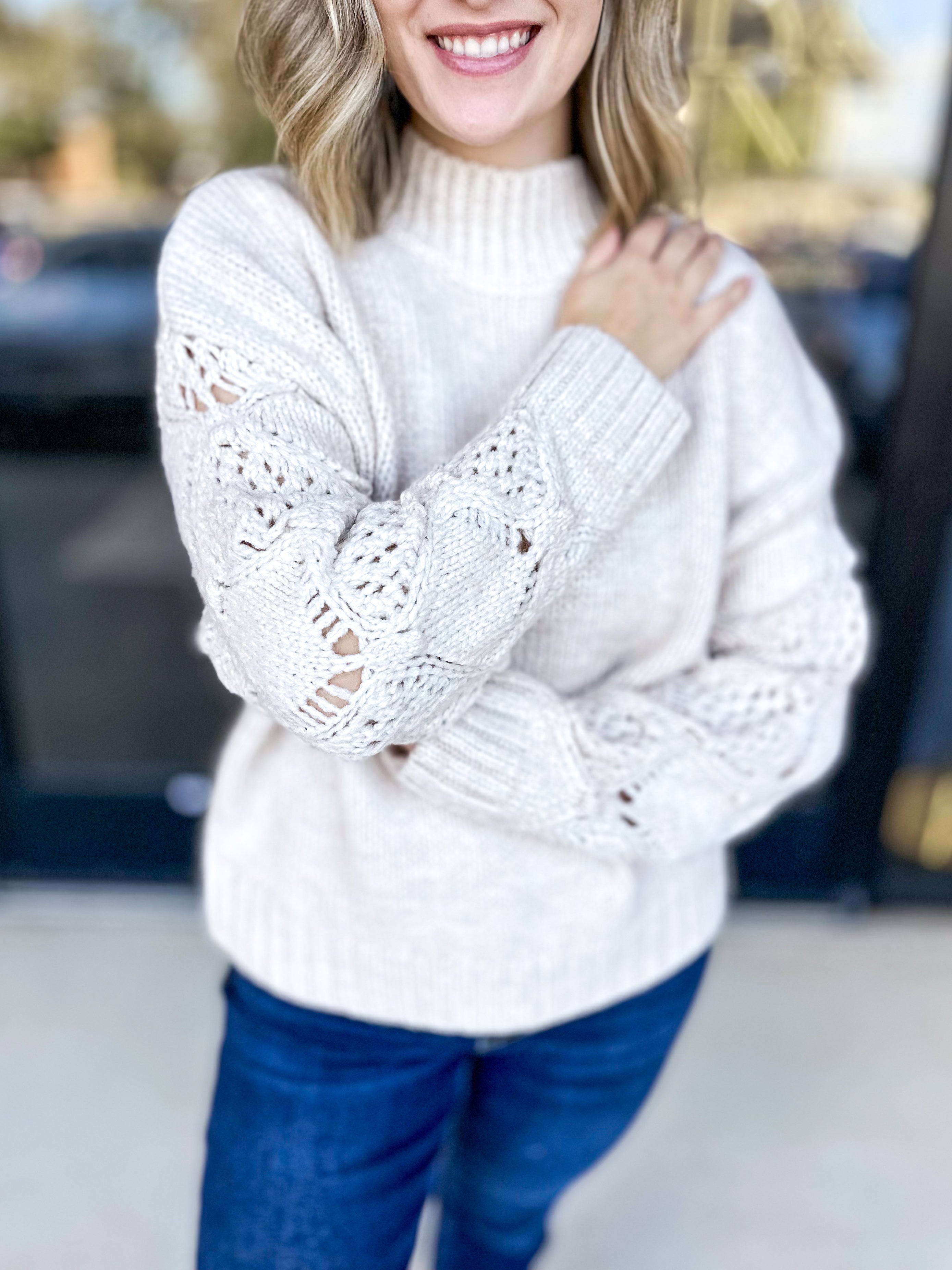 Crochet Sweater Top Cream- PINK FRIDAY DOORBUSTER - ONLINE-PINK FRIDAY DOORBUSTERS-SKIES ARE BLUE-July & June Women's Fashion Boutique Located in San Antonio, Texas