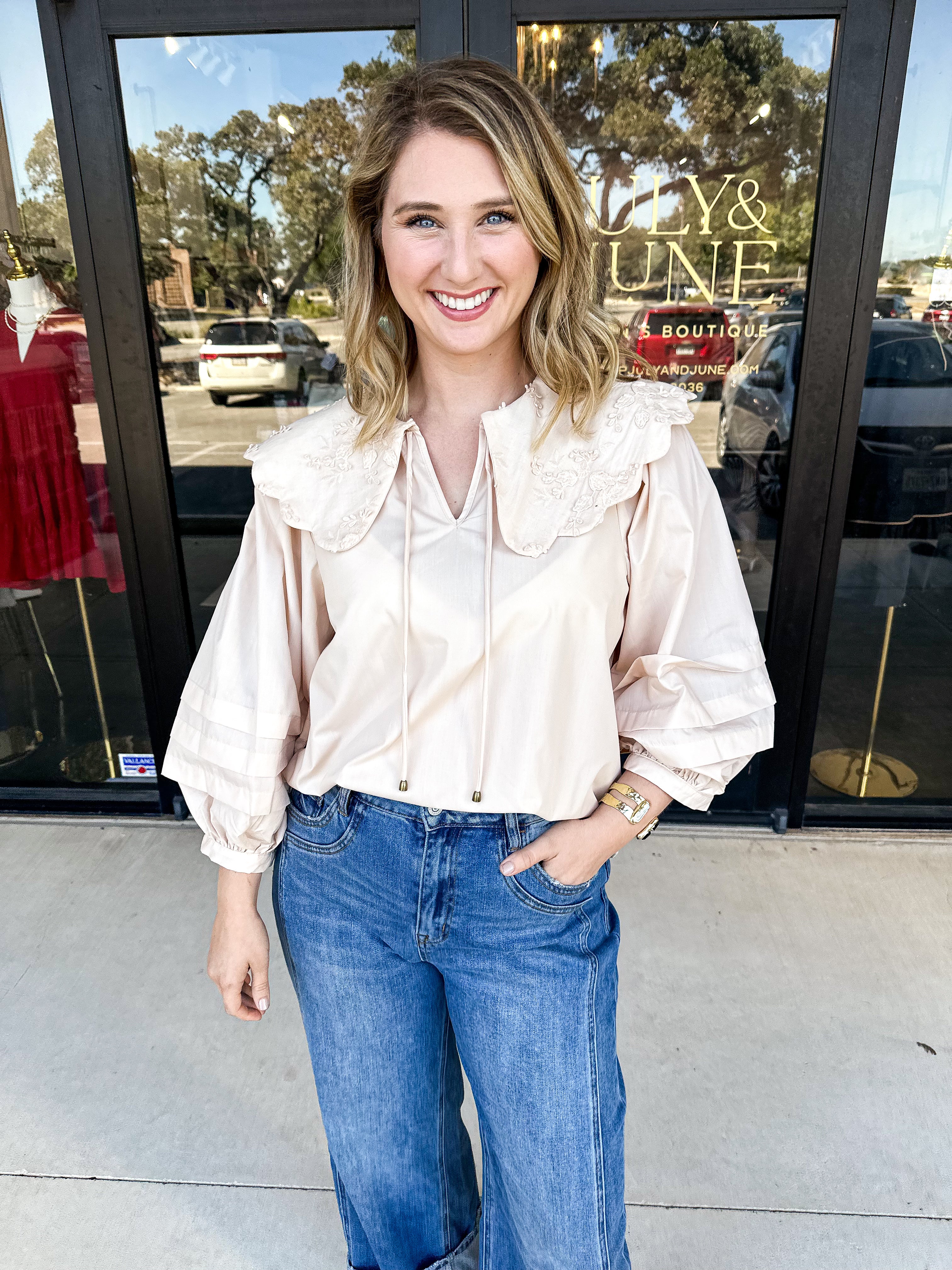 Lace Peter Pan Collar Blouse - Ivory-200 Fashion Blouses-ENTRO-July & June Women's Fashion Boutique Located in San Antonio, Texas