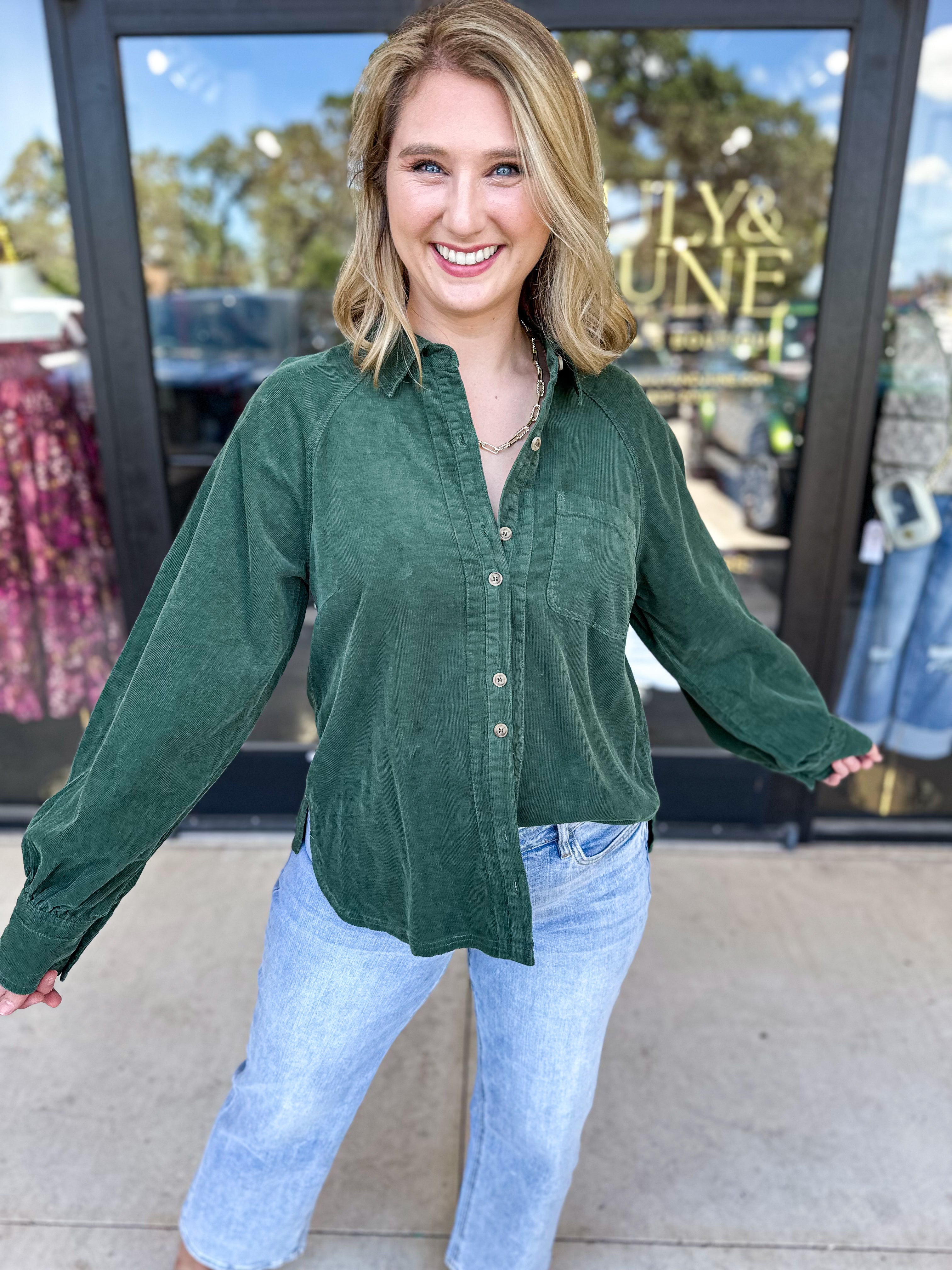 Corduroy Button Down - Deep Green-200 Fashion Blouses-JODIFL-July & June Women's Fashion Boutique Located in San Antonio, Texas