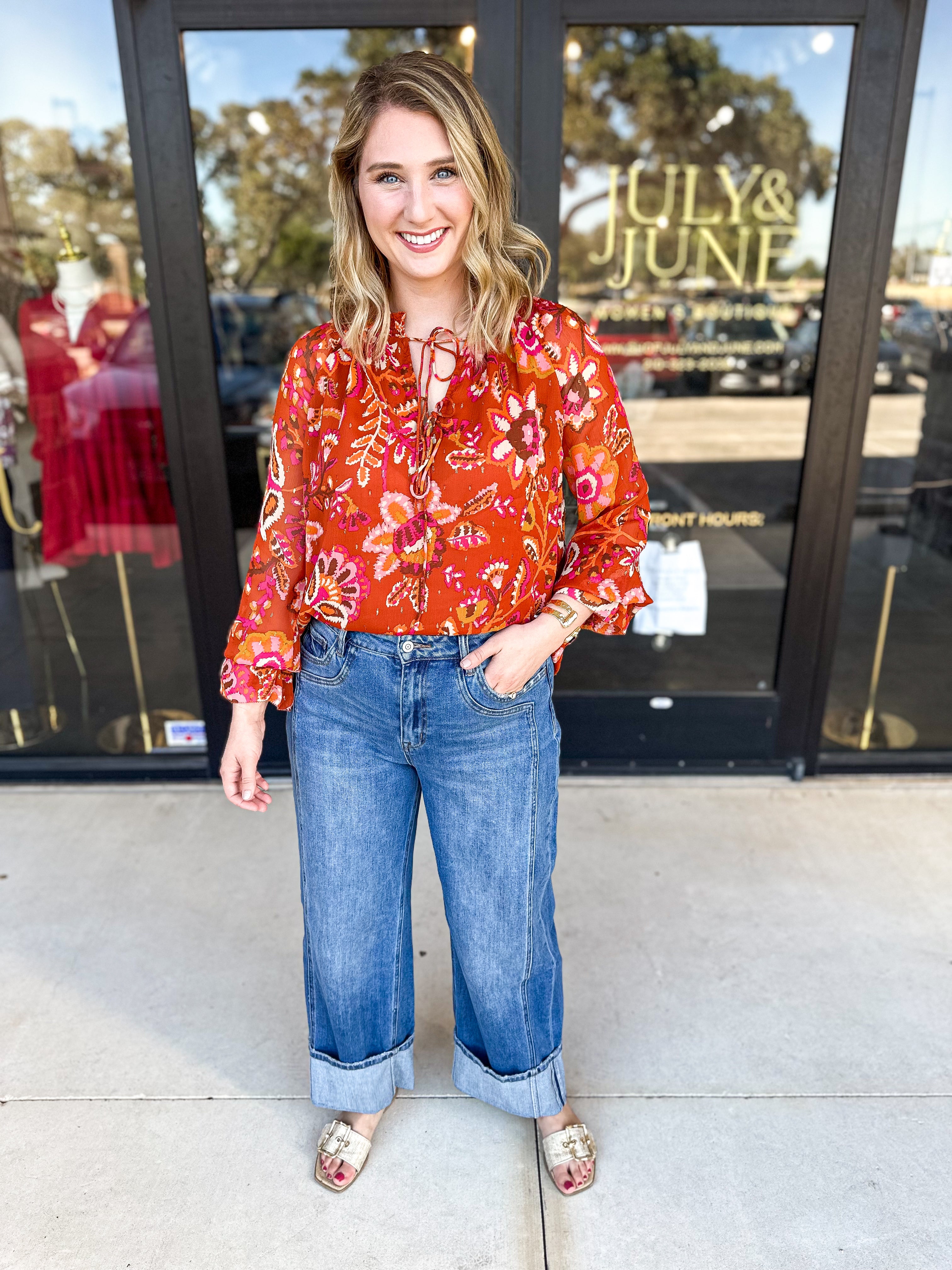 Rust Floral Tie Blouse-200 Fashion Blouses-FATE-July & June Women's Fashion Boutique Located in San Antonio, Texas