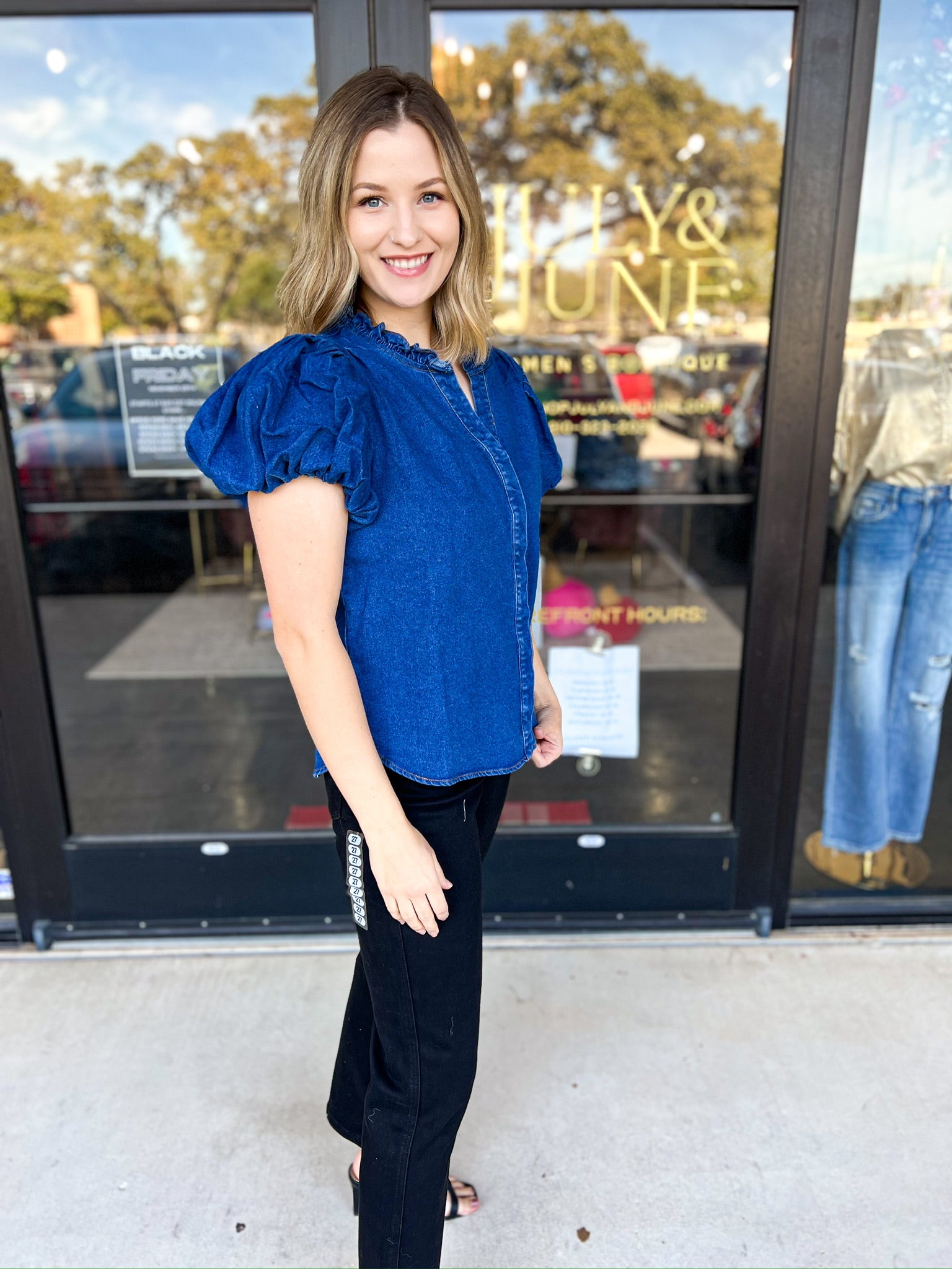 Puff Sleeve Denim Blouse-200 Fashion Blouses-SUGARLIPS-July & June Women's Fashion Boutique Located in San Antonio, Texas