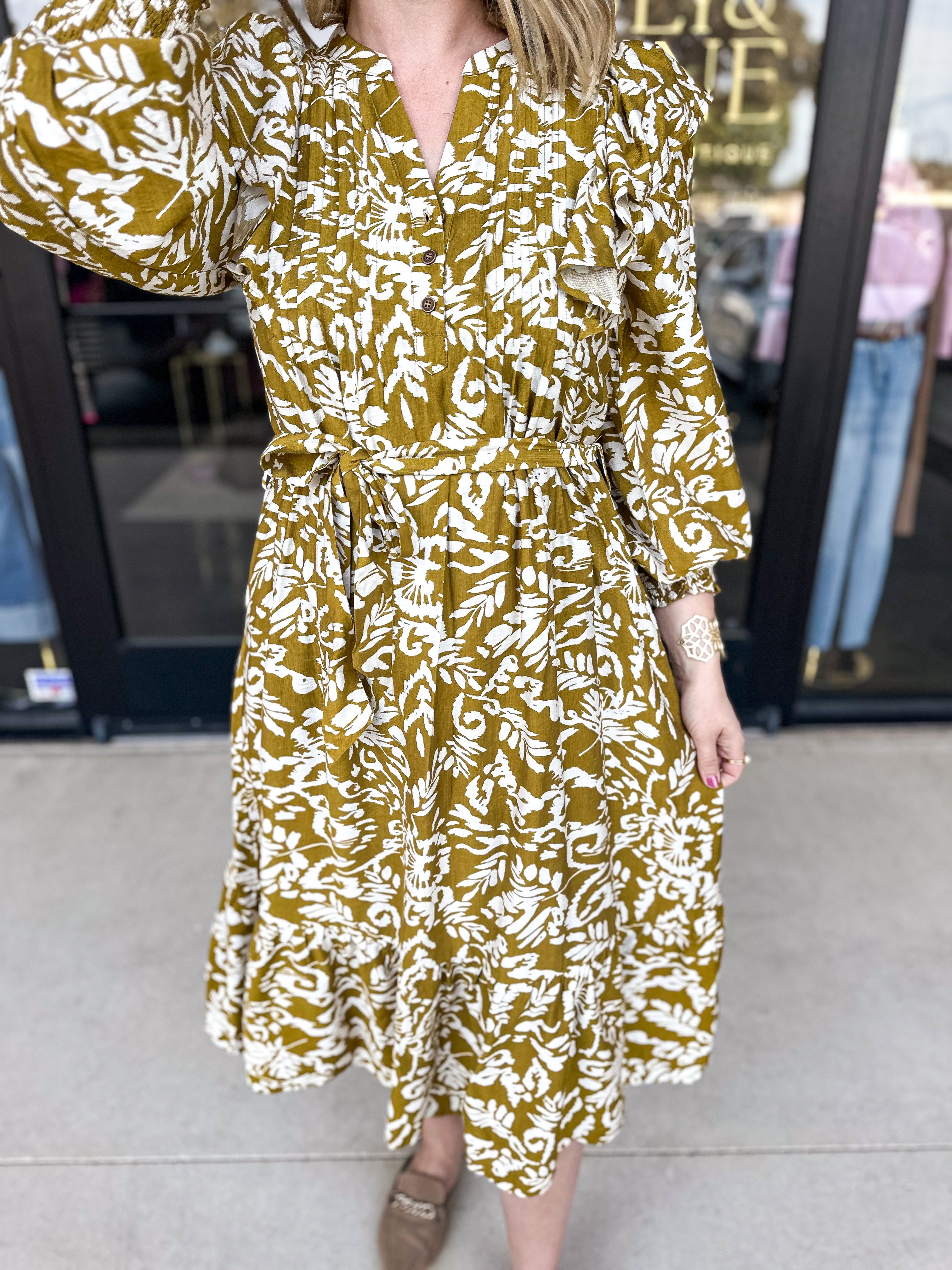 Golden Kiwi Midi Dress-500 Midi-&MERCI-July & June Women's Fashion Boutique Located in San Antonio, Texas