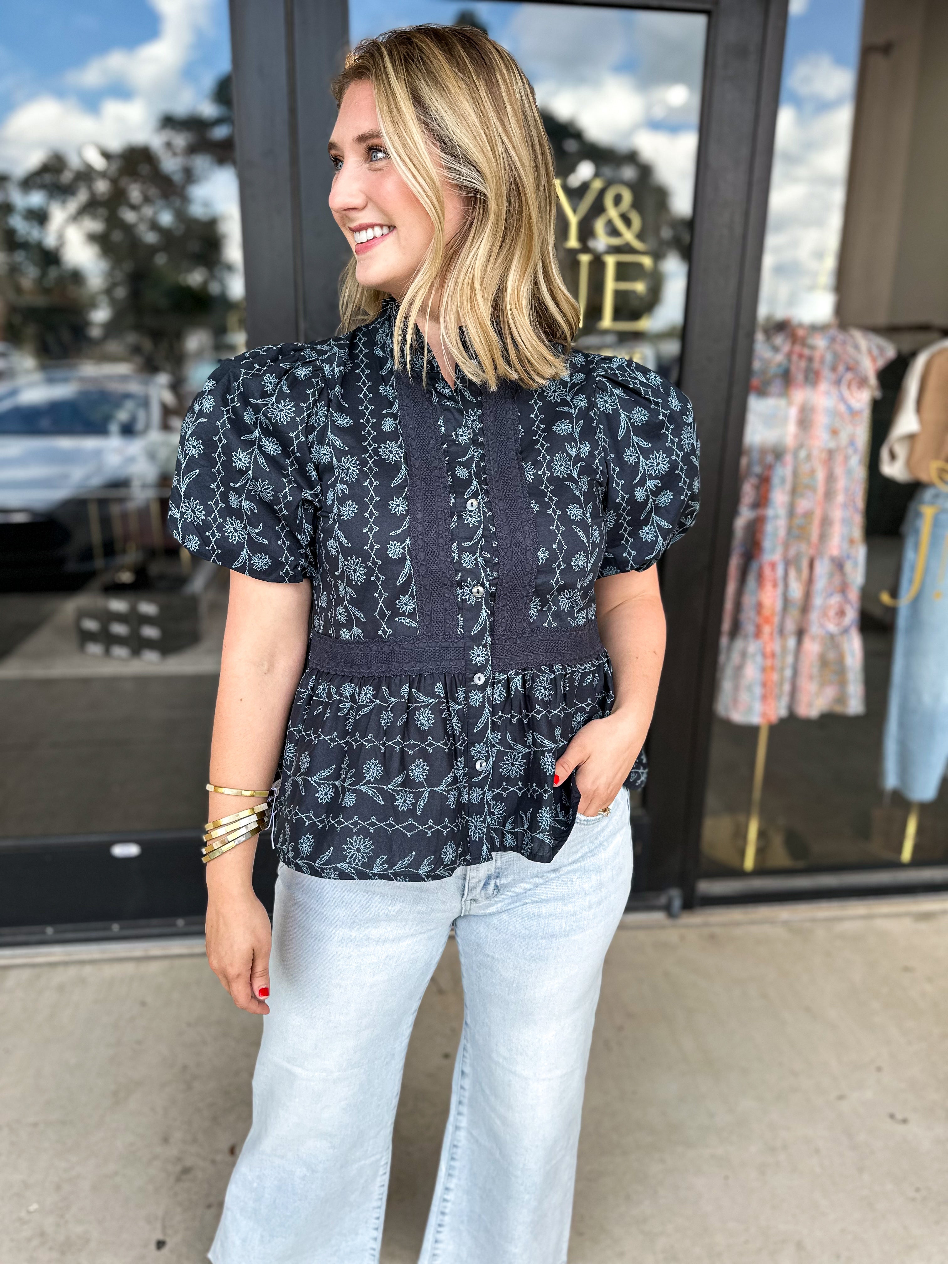 The Nora Navy Blouse-200 Fashion Blouses-ENTRO-July & June Women's Fashion Boutique Located in San Antonio, Texas