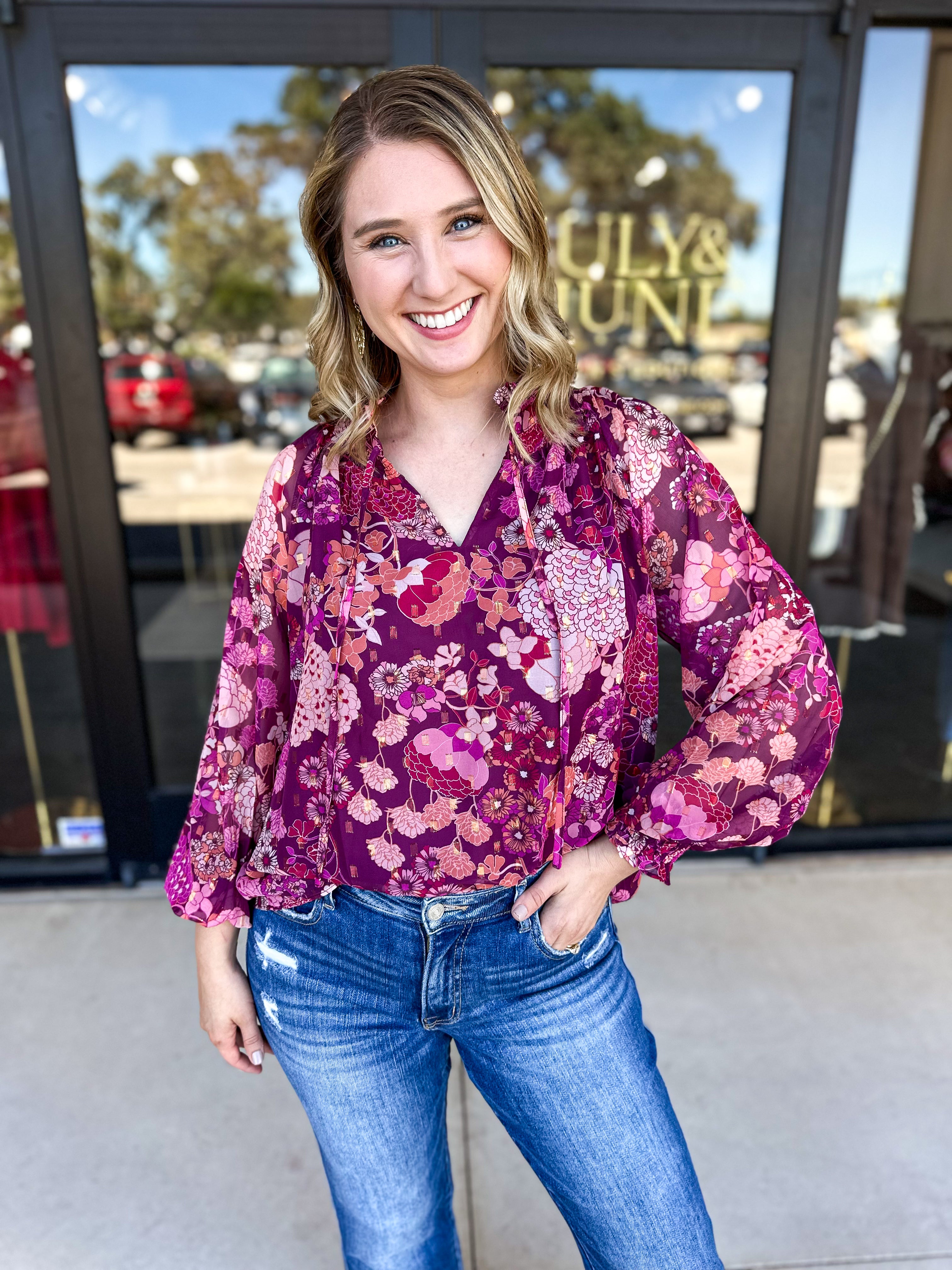 Maroon Multi Floral Blouse-200 Fashion Blouses-FATE-July & June Women's Fashion Boutique Located in San Antonio, Texas