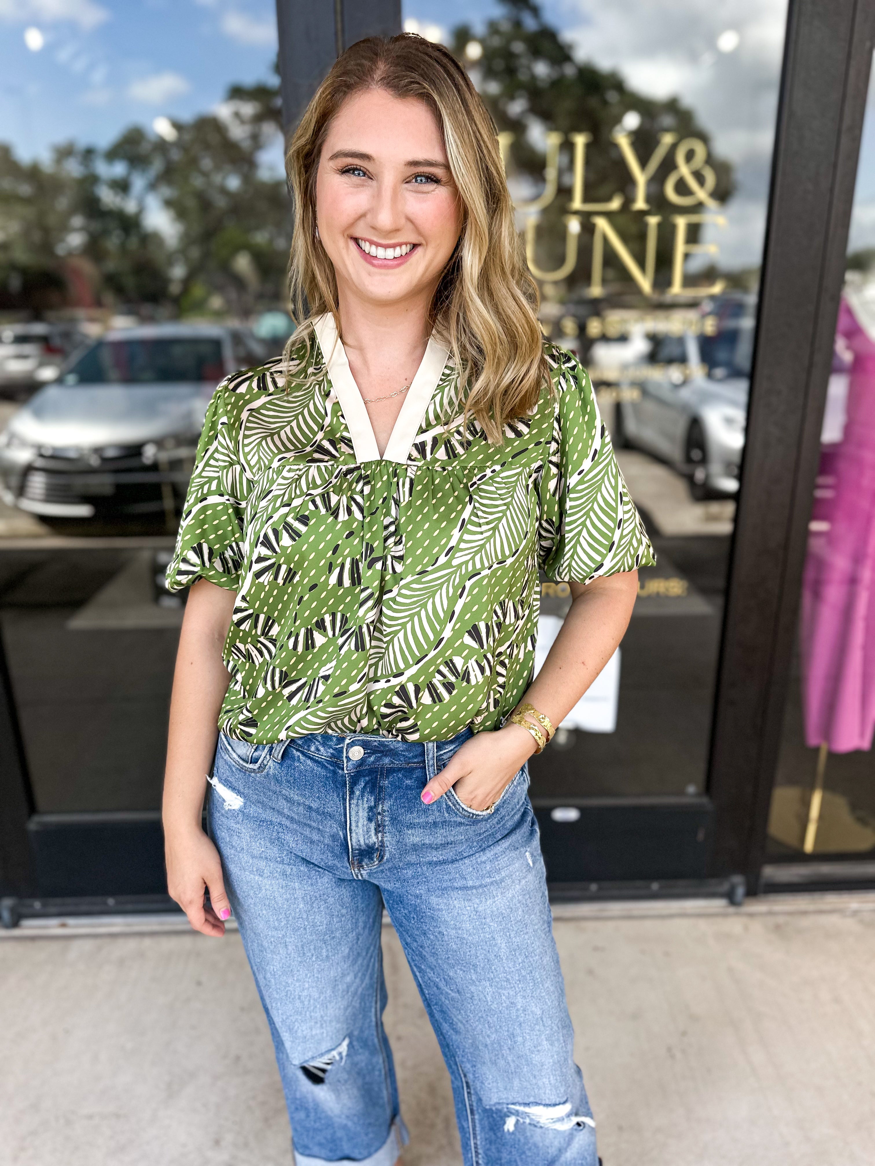 THML - Abstract Greenery Blouse-200 Fashion Blouses-THML-July & June Women's Fashion Boutique Located in San Antonio, Texas