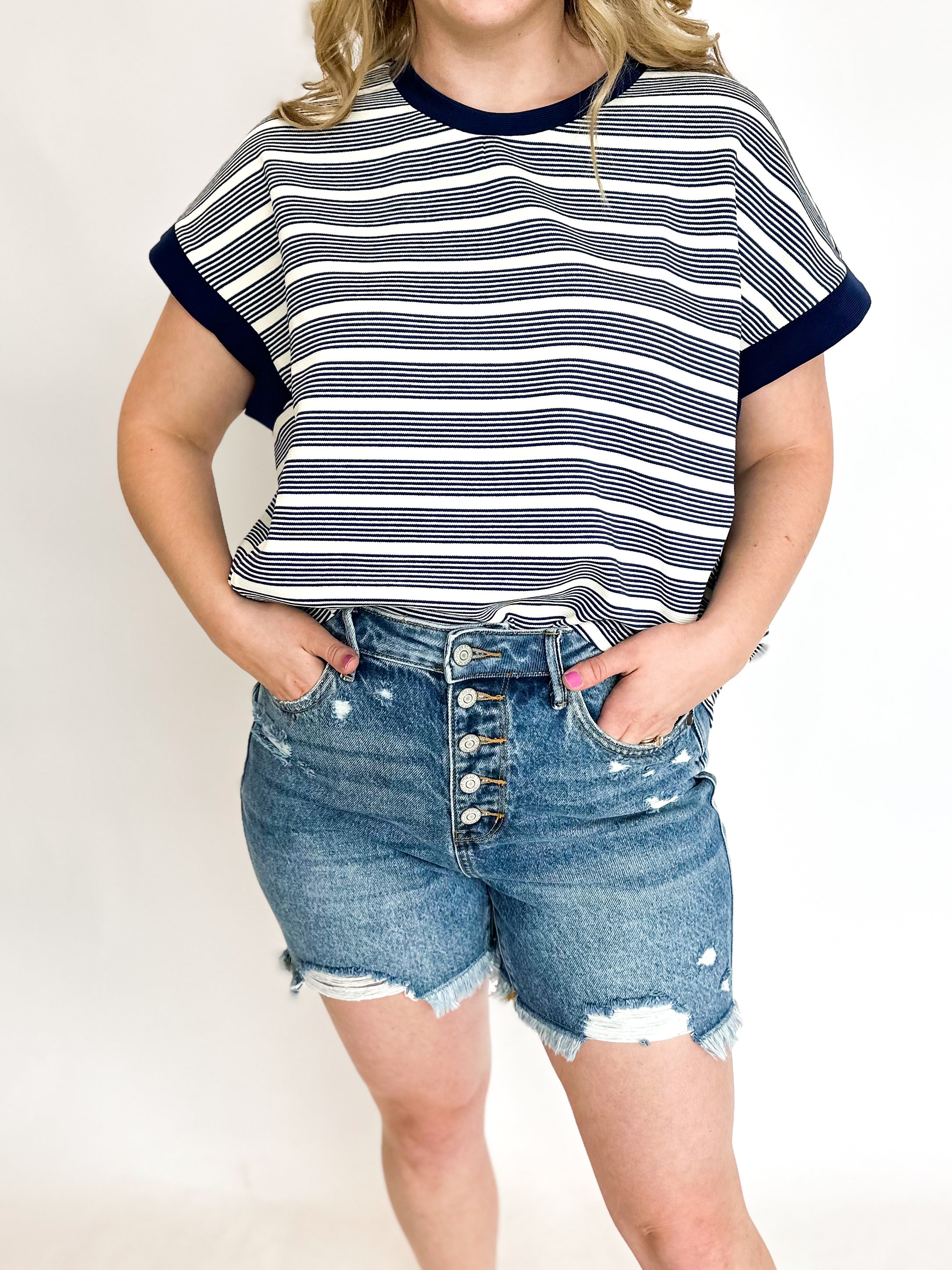 Judy Blue - Button Fly Half Ridged Denim Shorts-410 Shorts/Skirts-JUDY BLUE-July & June Women's Fashion Boutique Located in San Antonio, Texas