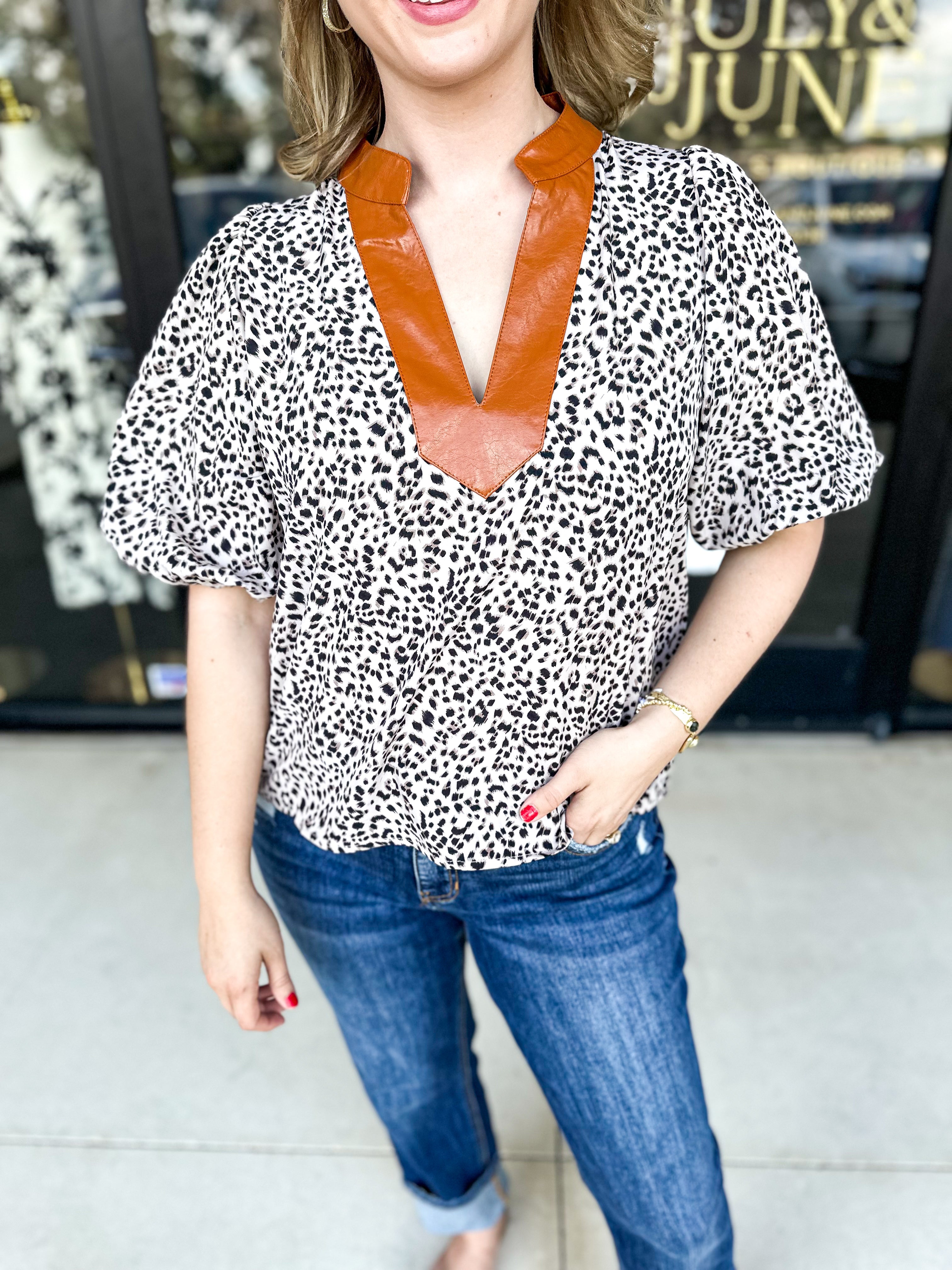 THML - Faux Leather & Leopard Blouse-200 Fashion Blouses-THML-July & June Women's Fashion Boutique Located in San Antonio, Texas