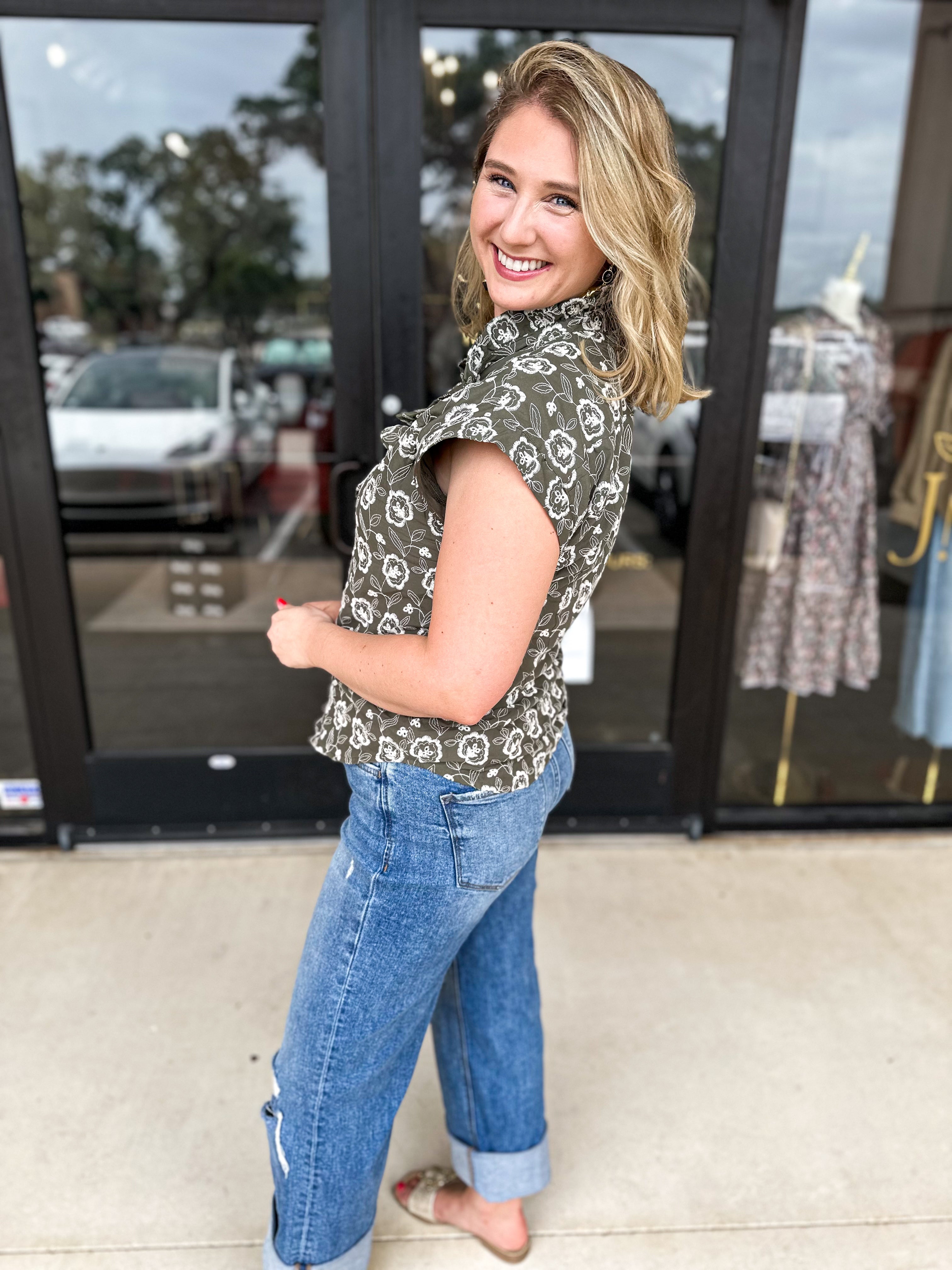 Olive Floral Blouse-200 Fashion Blouses-ENTRO-July & June Women's Fashion Boutique Located in San Antonio, Texas