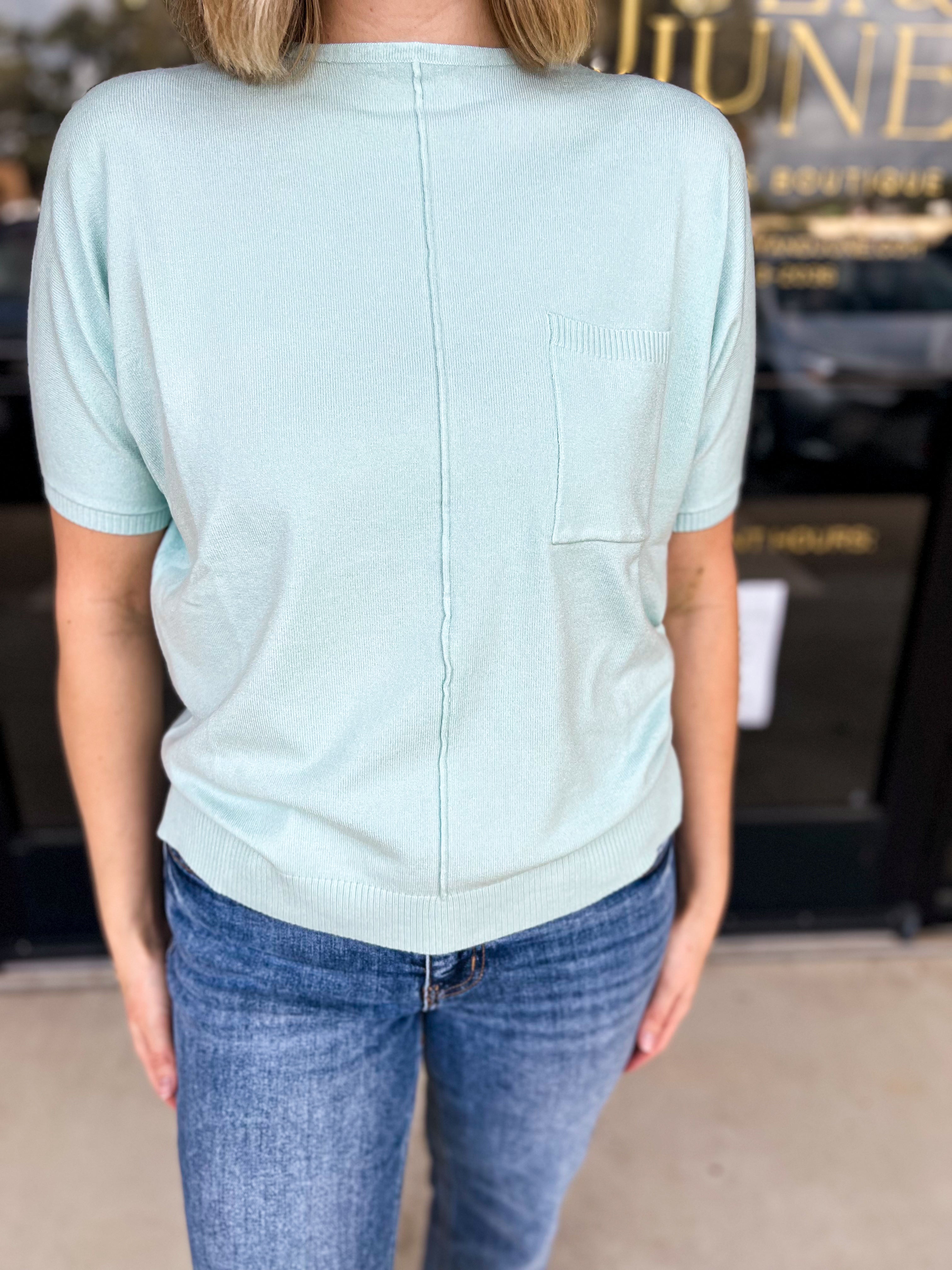 Comfy Pocket Sweater Tee - Ice Green-200 Fashion Blouses-ALLIE ROSE-July & June Women's Fashion Boutique Located in San Antonio, Texas