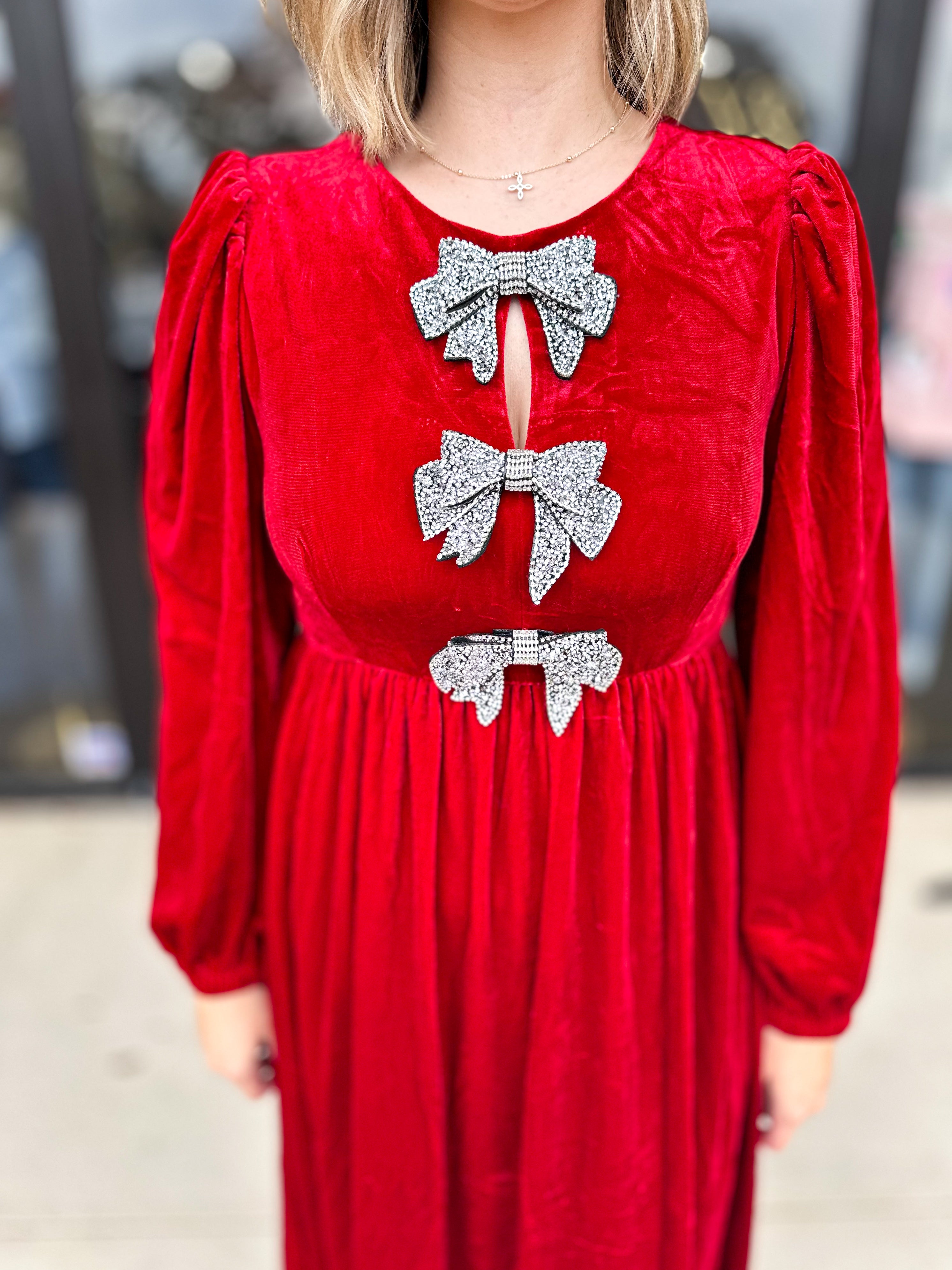 Triple Bow Velvet Midi Dress - Red-500 Midi-SUGARLIPS-July & June Women's Fashion Boutique Located in San Antonio, Texas