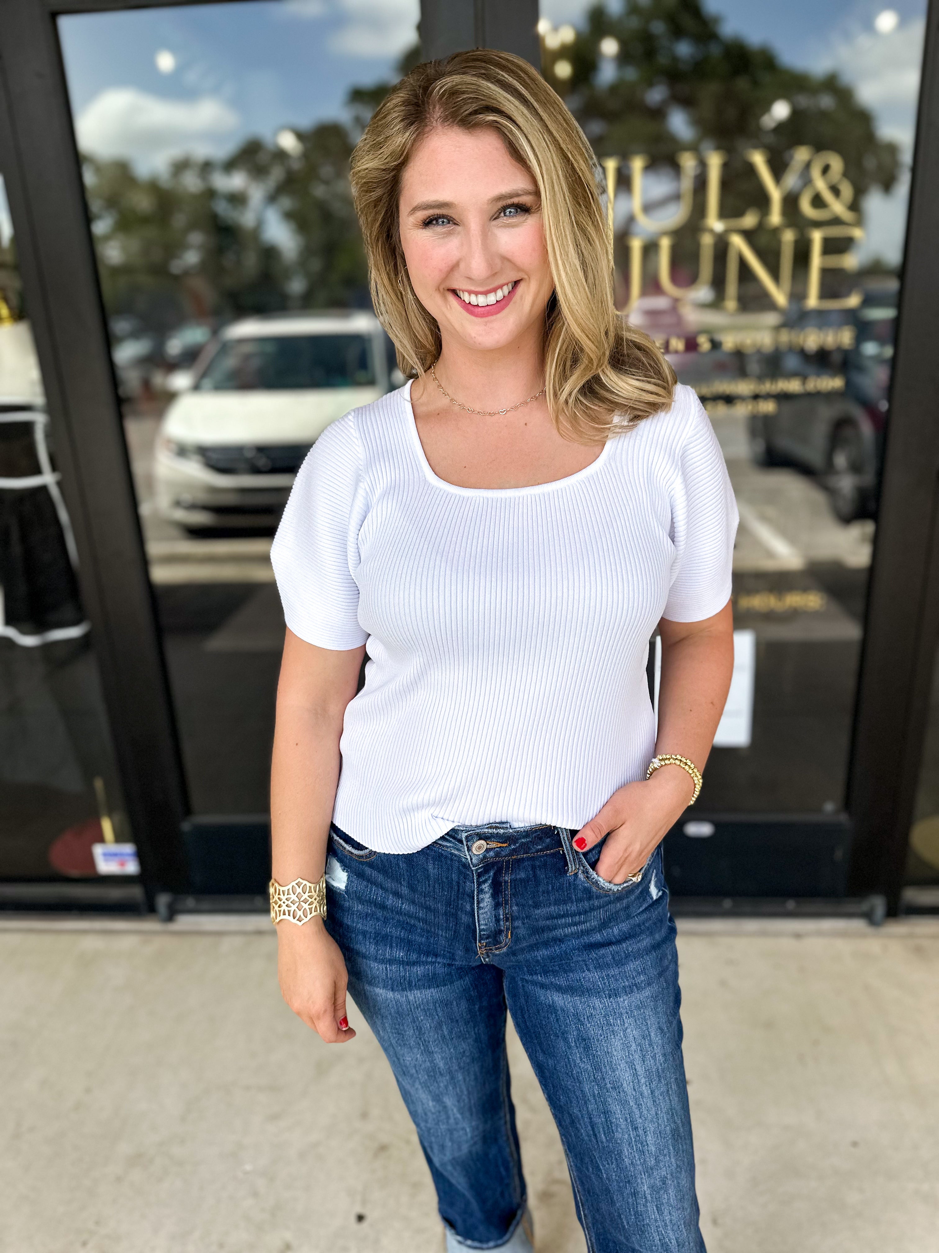 Ribbed Square Neck Top - Ivory-200 Fashion Blouses-JODIFL-July & June Women's Fashion Boutique Located in San Antonio, Texas