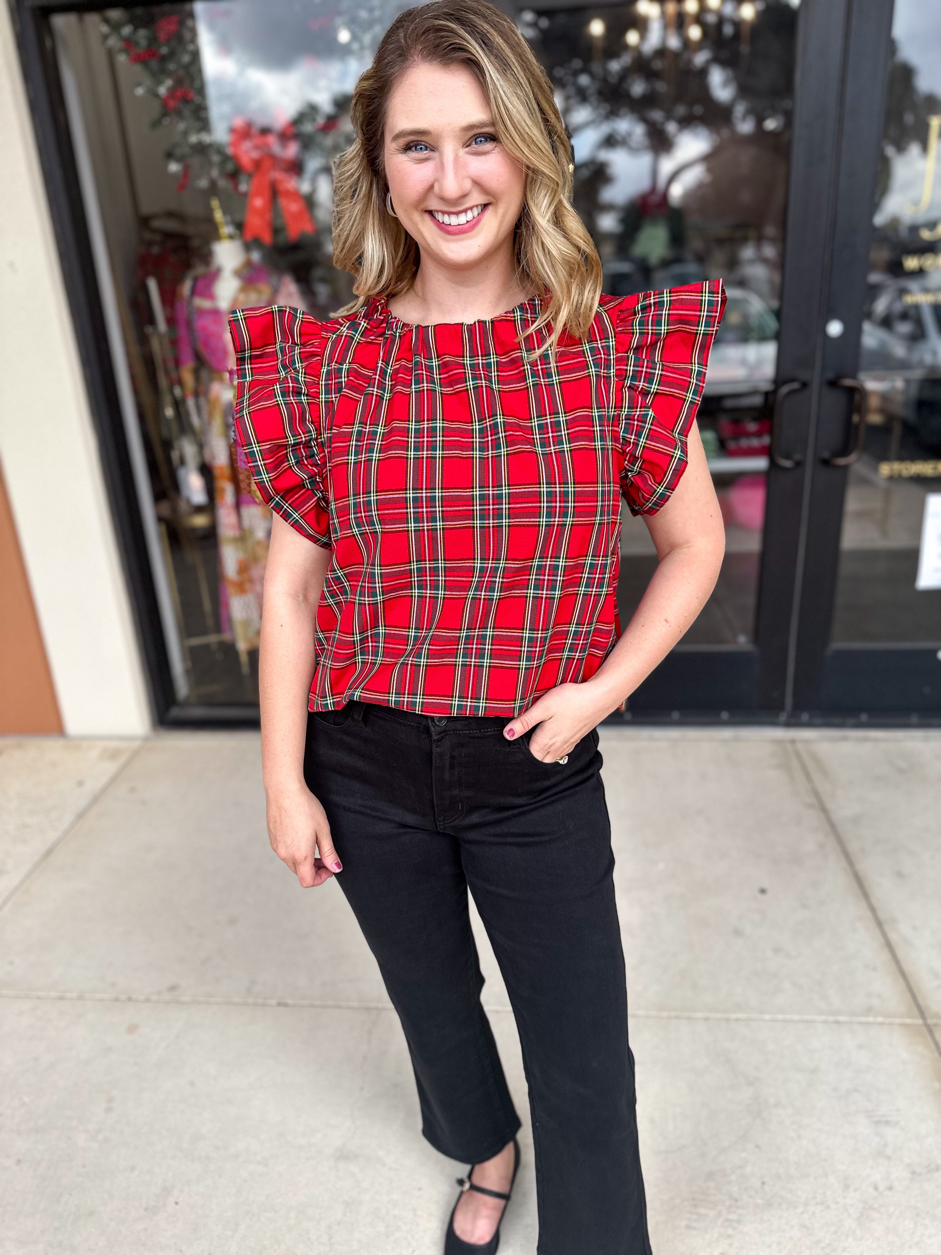 The Blair Ruffle Plaid Blouse - Red-200 Fashion Blouses-ENTRO-July & June Women's Fashion Boutique Located in San Antonio, Texas