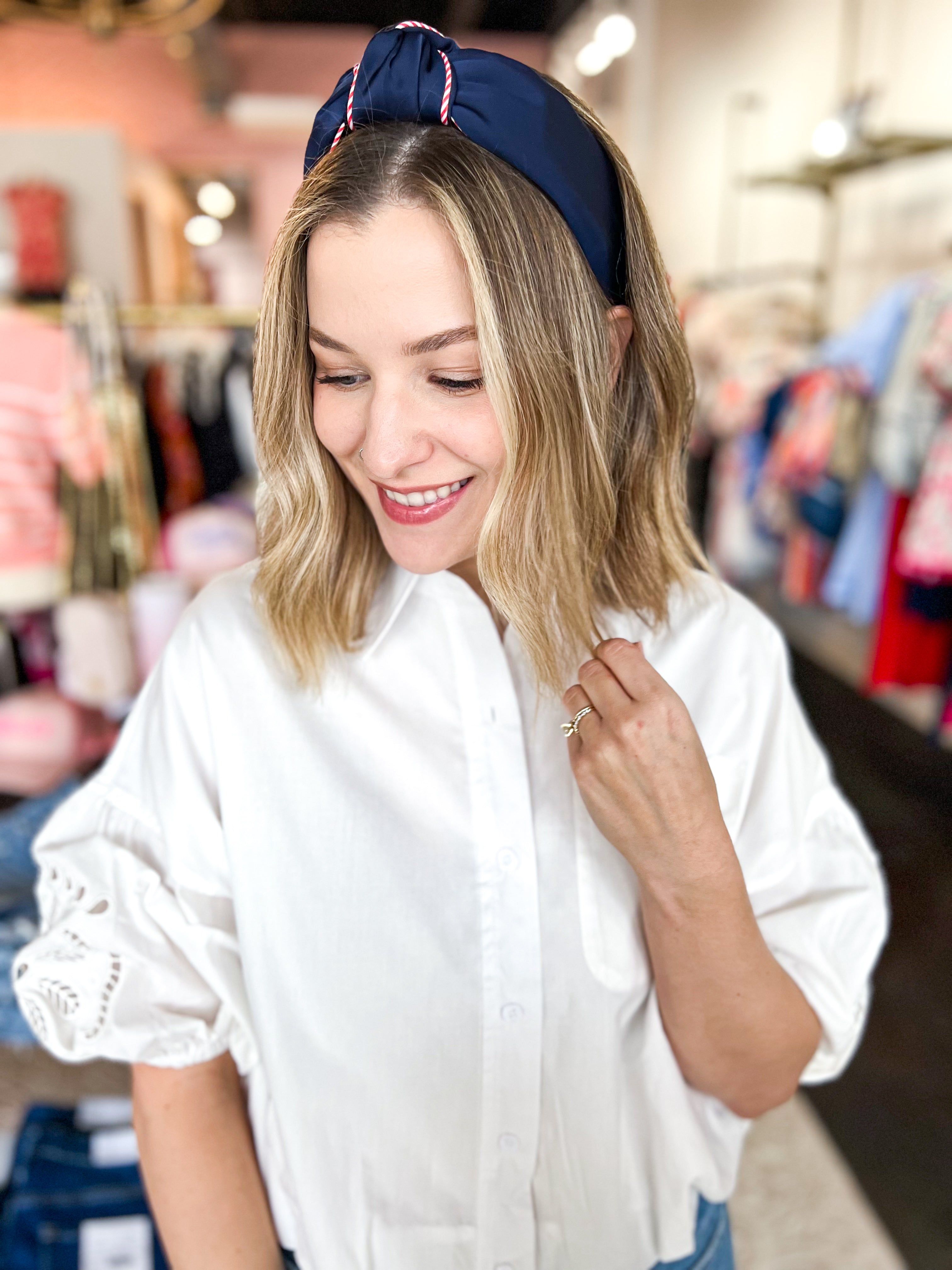 Stripe Trim Knotted Headband - Navy-130 ACCESSORIES-SHIRALEAH-July & June Women's Fashion Boutique Located in San Antonio, Texas