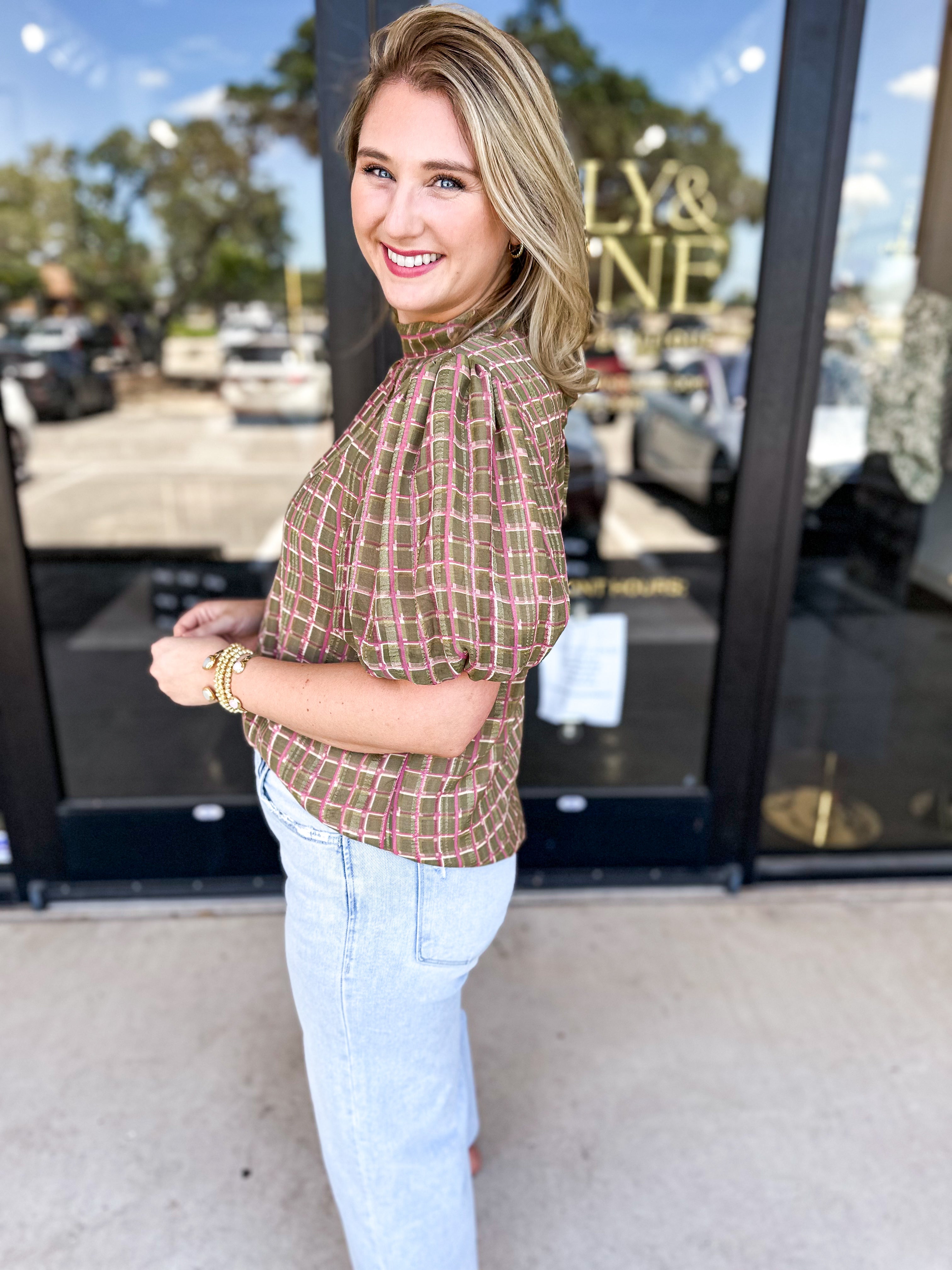 THML - Olive Plaid Blouse-200 Fashion Blouses-THML-July & June Women's Fashion Boutique Located in San Antonio, Texas