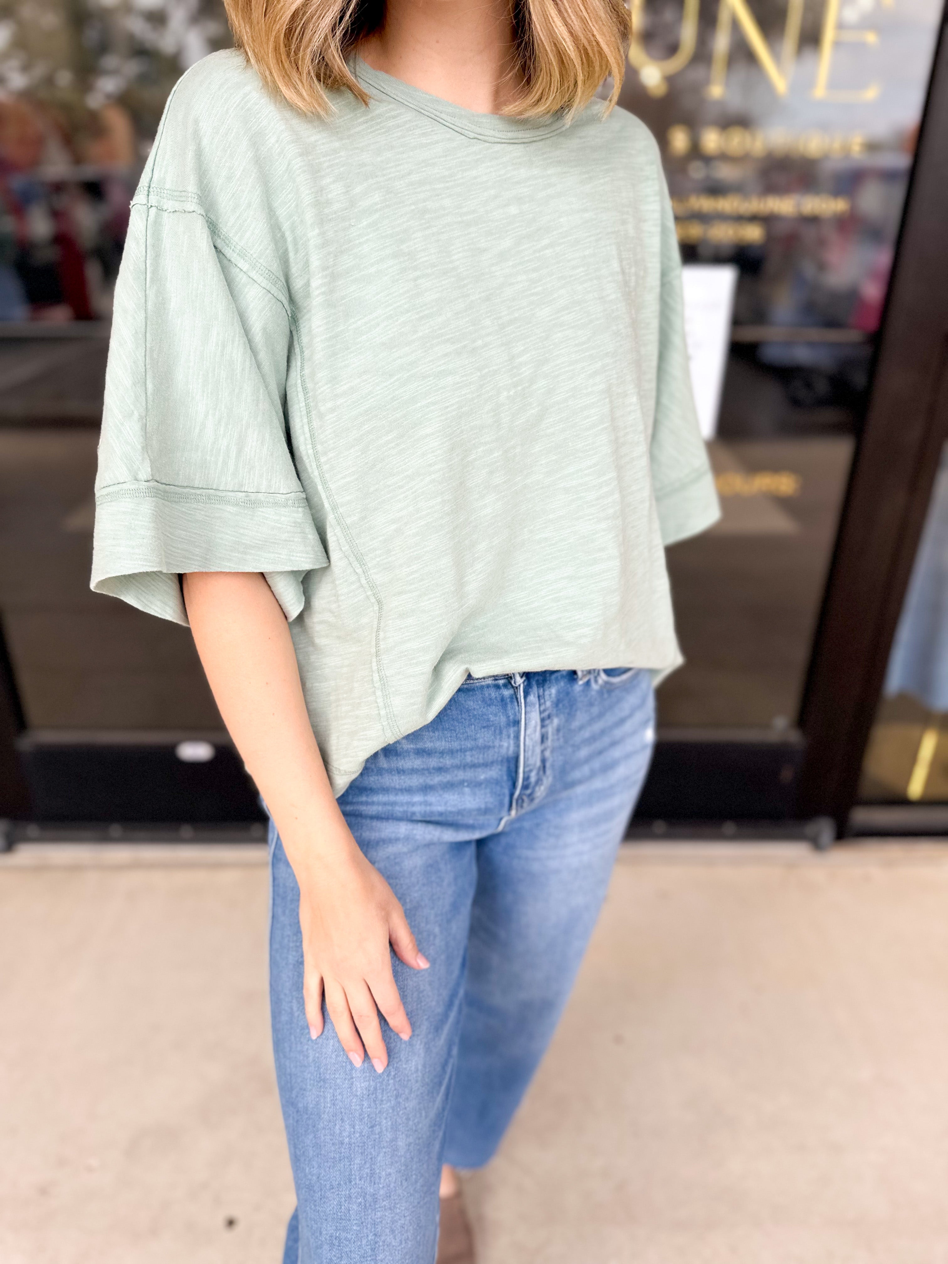 Oversized Casual Tee - Sage-210 Casual Blouses-JODIFL-July & June Women's Fashion Boutique Located in San Antonio, Texas