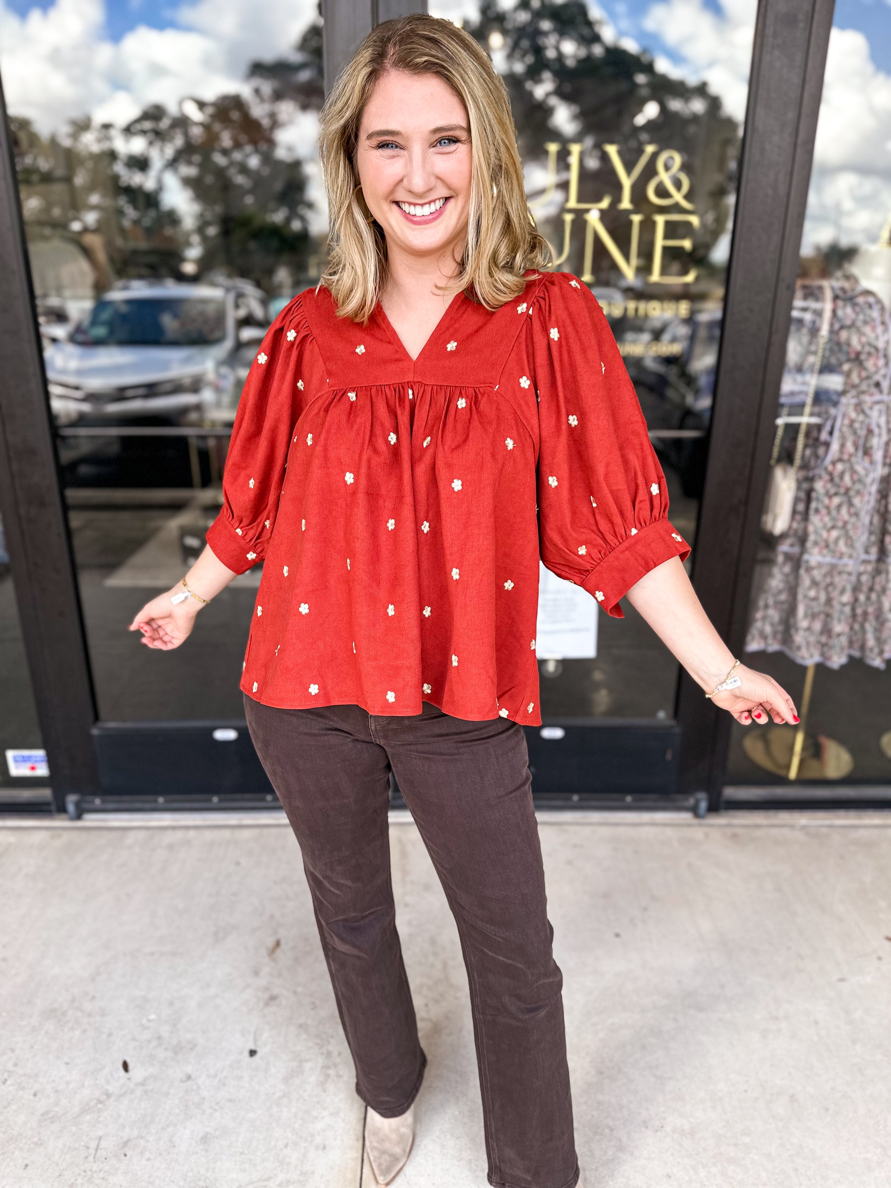 Floral & Rust Blouse-200 Fashion Blouses-ENTRO-July & June Women's Fashion Boutique Located in San Antonio, Texas