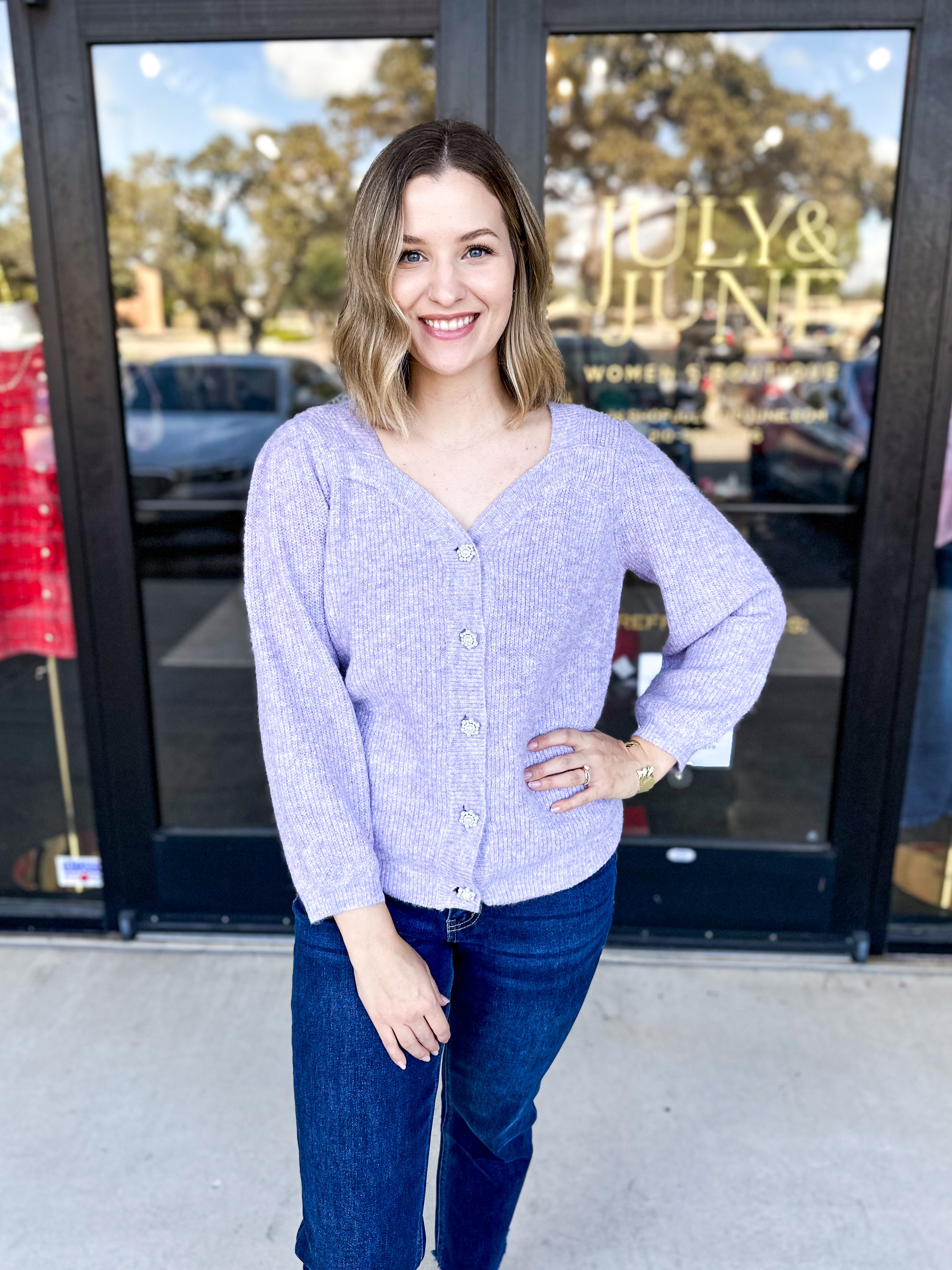 Jewel Cardigan-Lavender-PINK FRIDAY DOORBUSTER- ONLINE-PINK FRIDAY DOORBUSTERS-SKIES ARE BLUE-July & June Women's Fashion Boutique Located in San Antonio, Texas