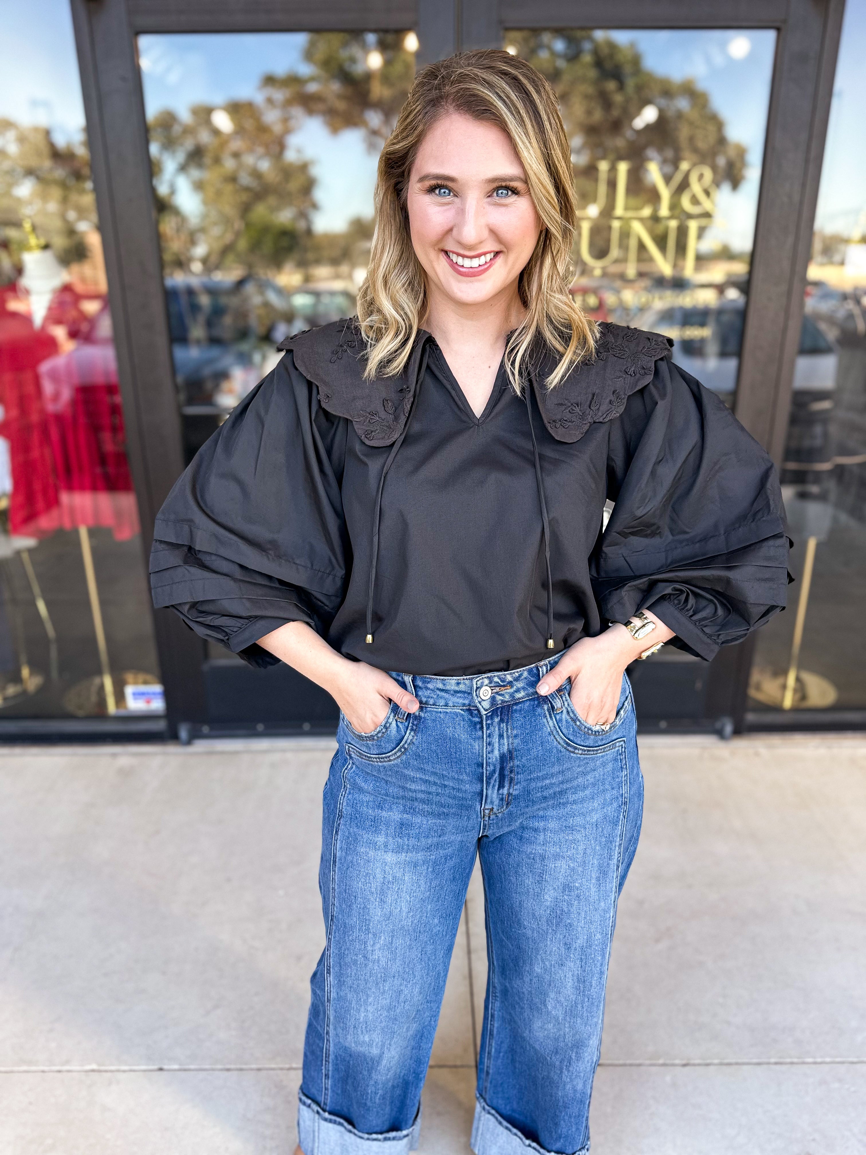 Lace Peter Pan Collar Blouse - Black-200 Fashion Blouses-ENTRO-July & June Women's Fashion Boutique Located in San Antonio, Texas