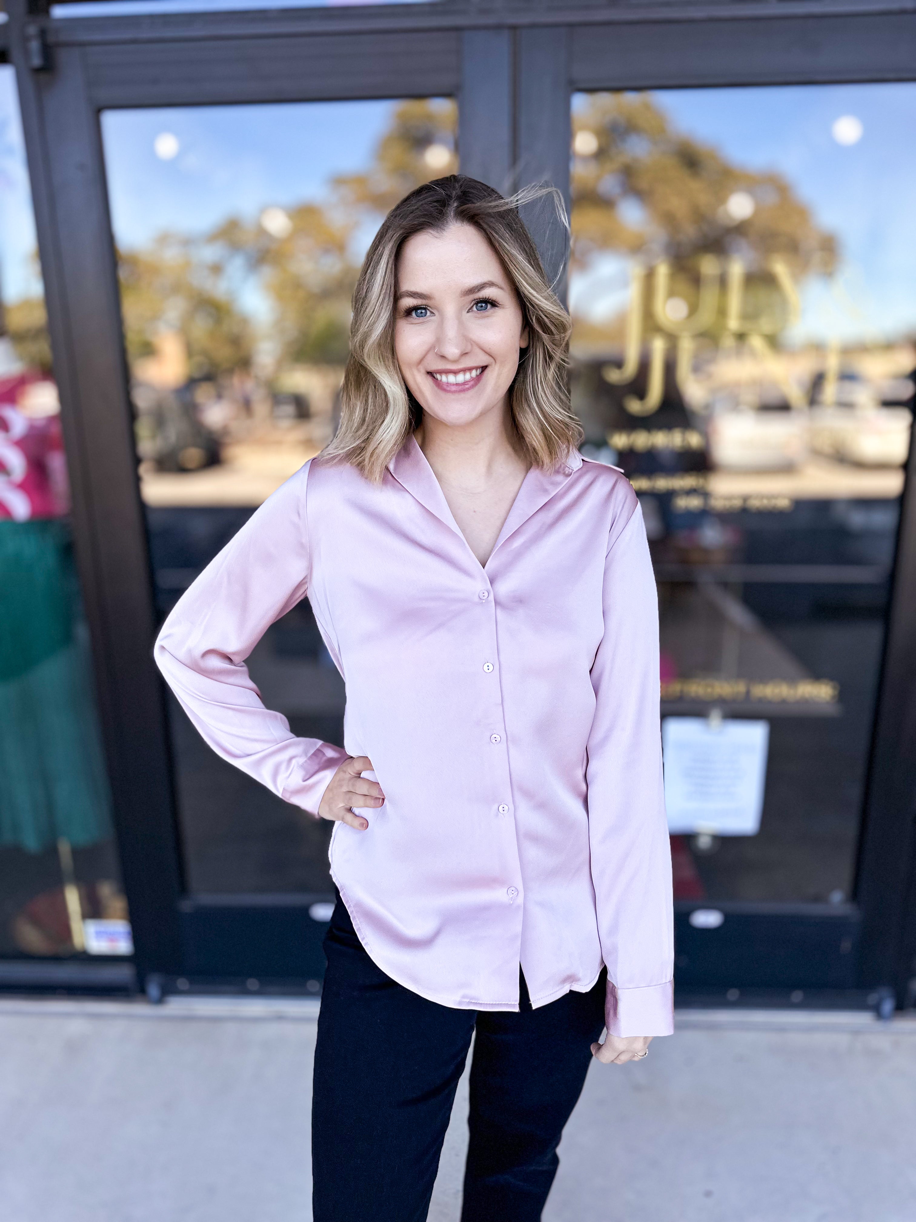 Dusty Pink Button Down Blouse-200 Fashion Blouses-SKIES ARE BLUE-July & June Women's Fashion Boutique Located in San Antonio, Texas