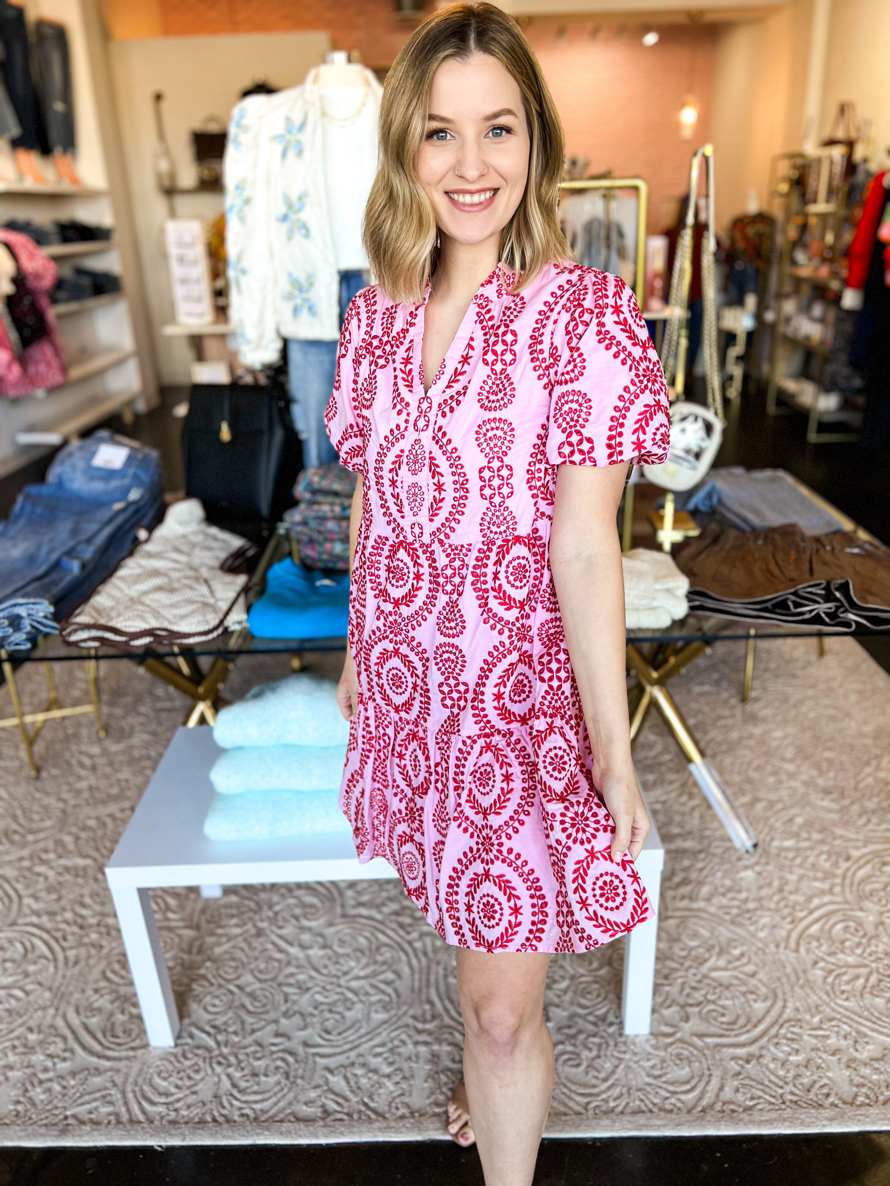 Pink & Red Embroidered Mini Dress-510 Mini-SKIES ARE BLUE-July & June Women's Fashion Boutique Located in San Antonio, Texas