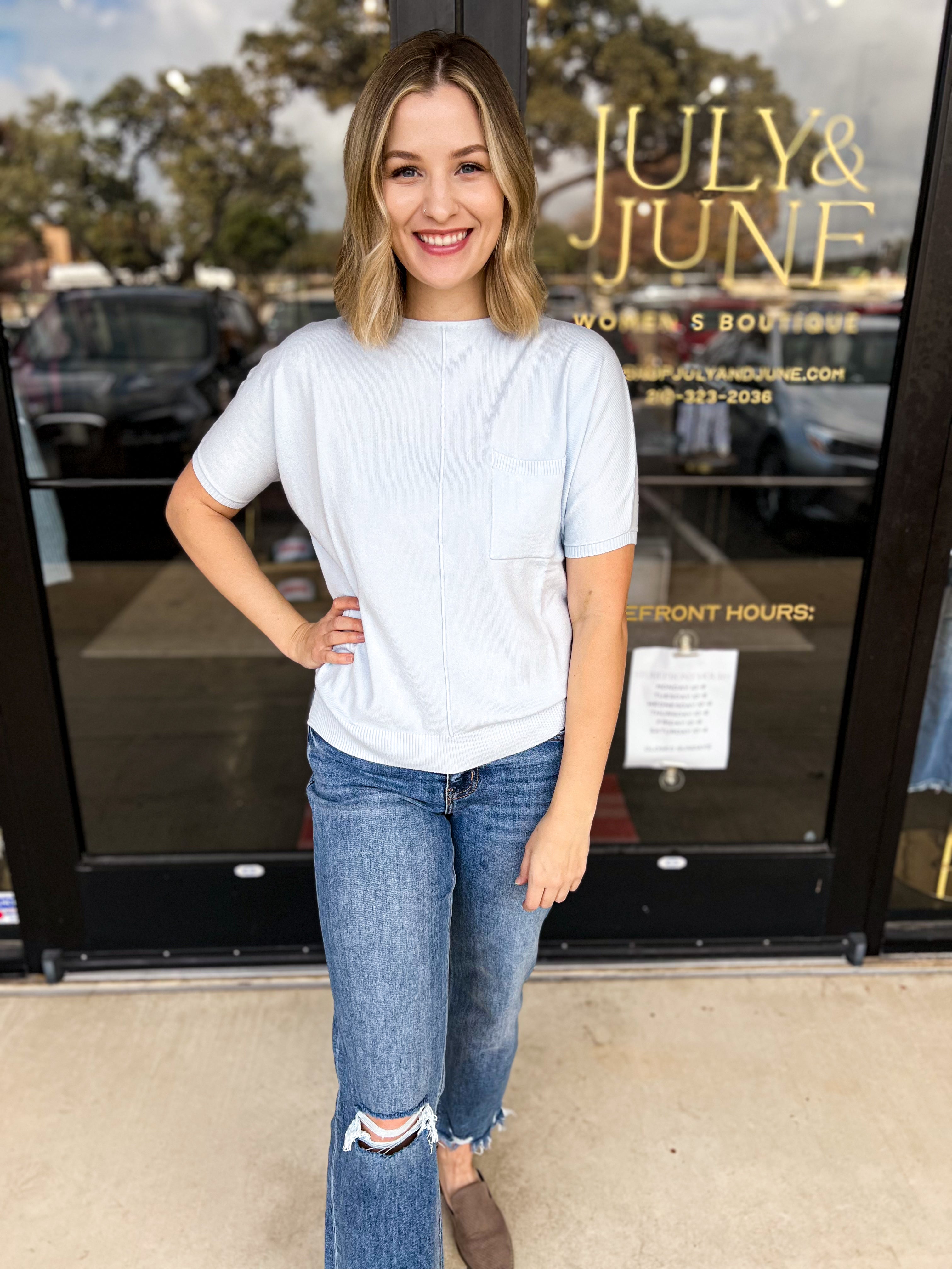 Comfy Pocket Sweater Tee - Sky Blue-200 Fashion Blouses-ALLIE ROSE-July & June Women's Fashion Boutique Located in San Antonio, Texas