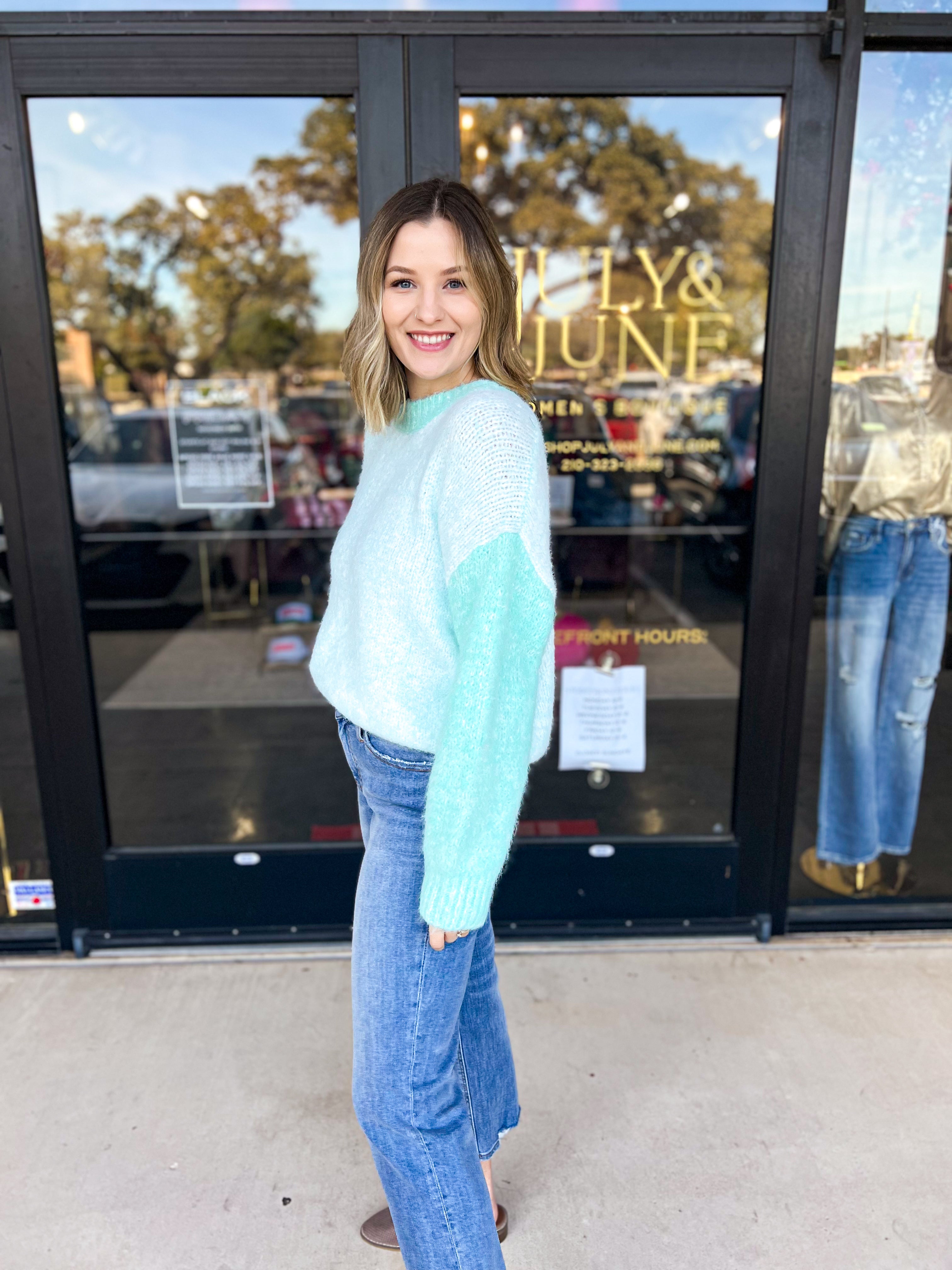 Contrast Blue Fuzzy Sweater Top-PINCH-July & June Women's Fashion Boutique Located in San Antonio, Texas