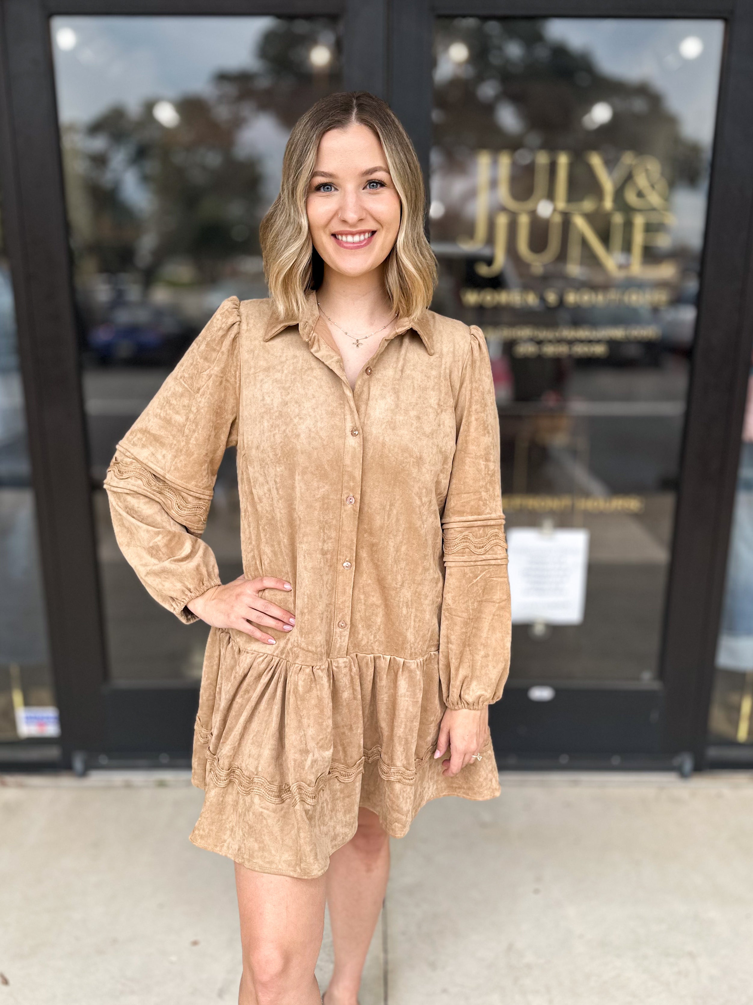 Collared Suede Mini Dress - Tan-510 Mini-ABLE-July & June Women's Fashion Boutique Located in San Antonio, Texas