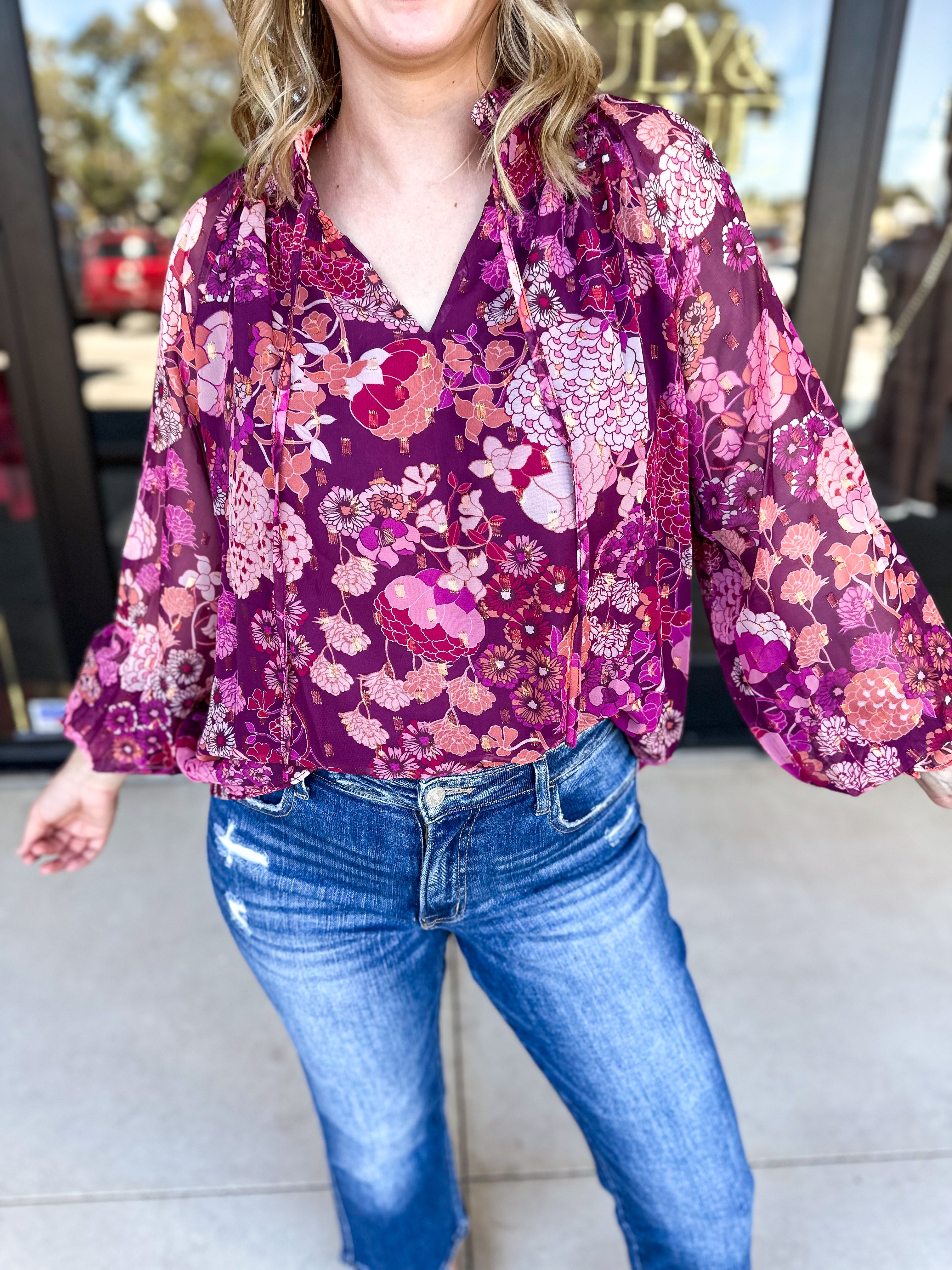 Maroon Multi Floral Blouse-200 Fashion Blouses-FATE-July & June Women's Fashion Boutique Located in San Antonio, Texas