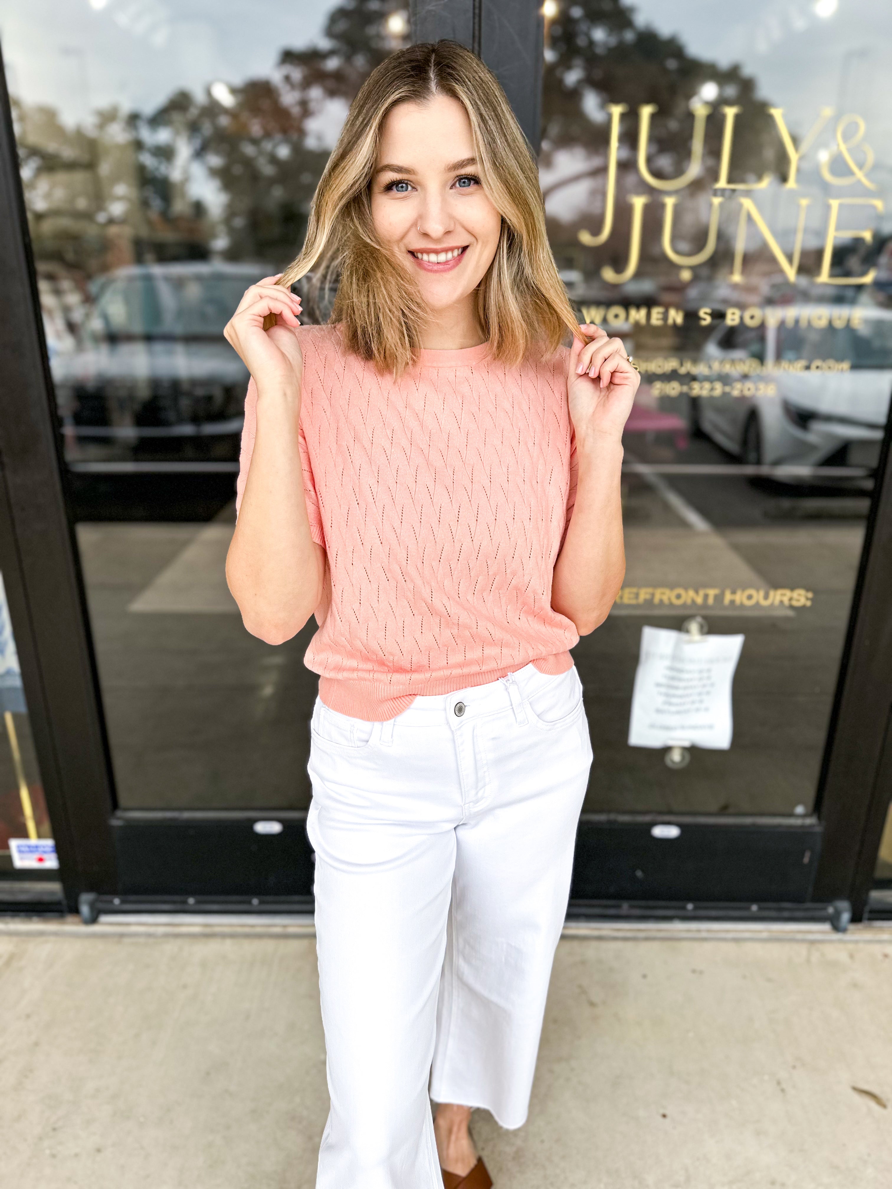 Pastel Knit Tee - Peach-230 Sweaters/Cardis-ALLIE ROSE-July & June Women's Fashion Boutique Located in San Antonio, Texas