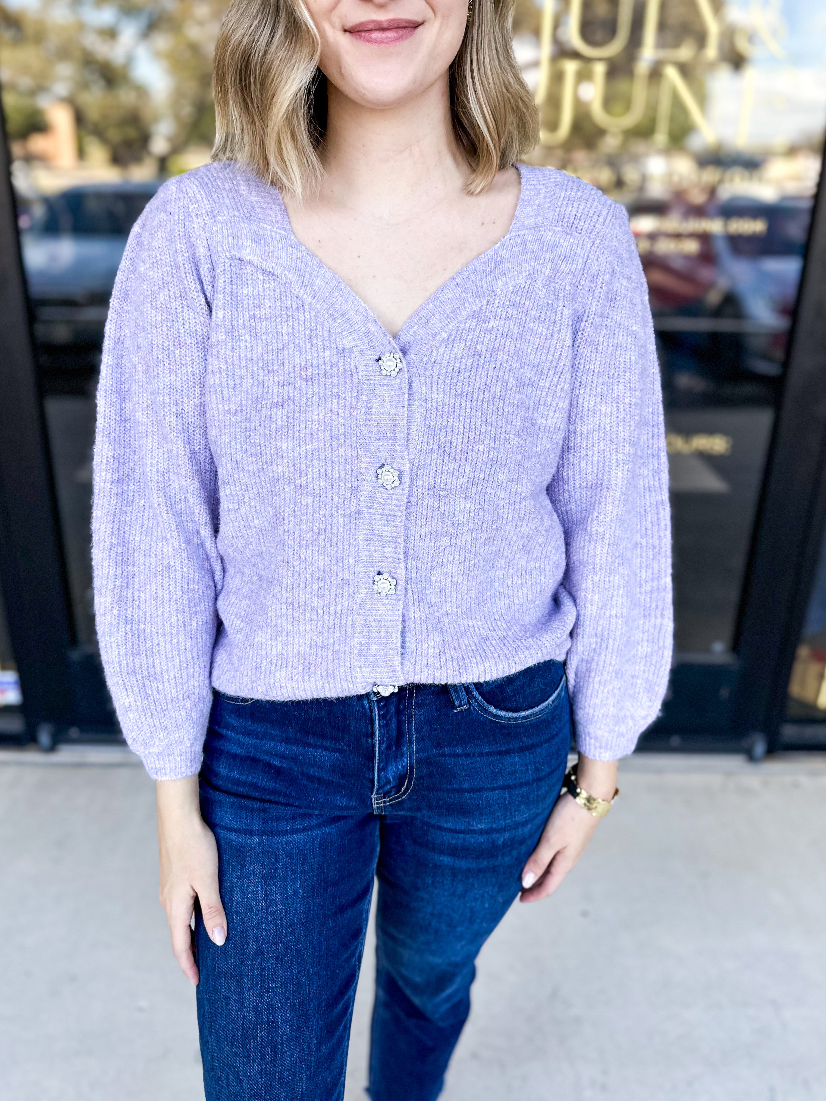 Jewel Cardigan-Lavender-PINK FRIDAY DOORBUSTER- ONLINE-PINK FRIDAY DOORBUSTERS-SKIES ARE BLUE-July & June Women's Fashion Boutique Located in San Antonio, Texas