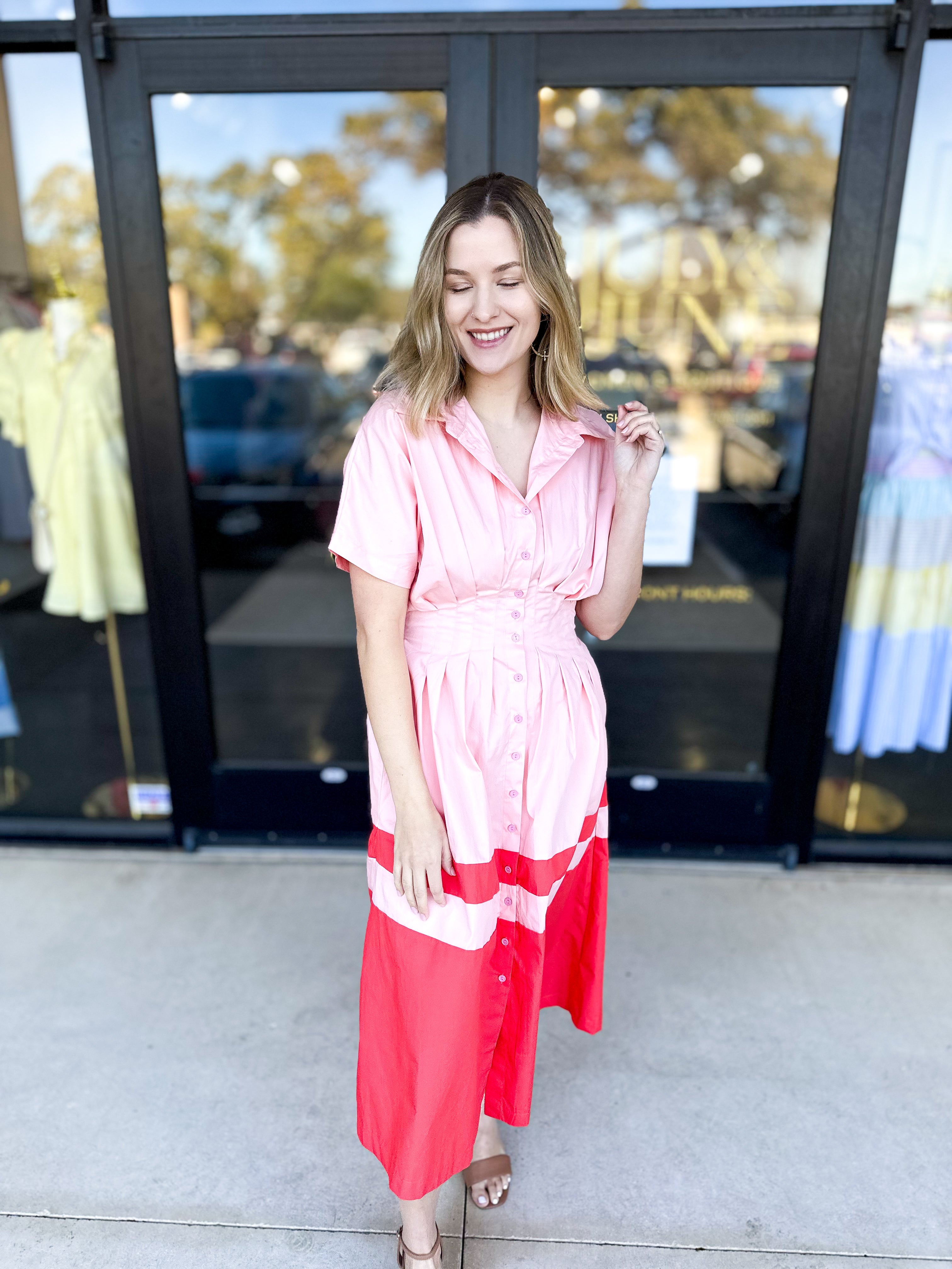 Pink & Red Contrast Midi Dress-500 Midi-&MERCI-July & June Women's Fashion Boutique Located in San Antonio, Texas