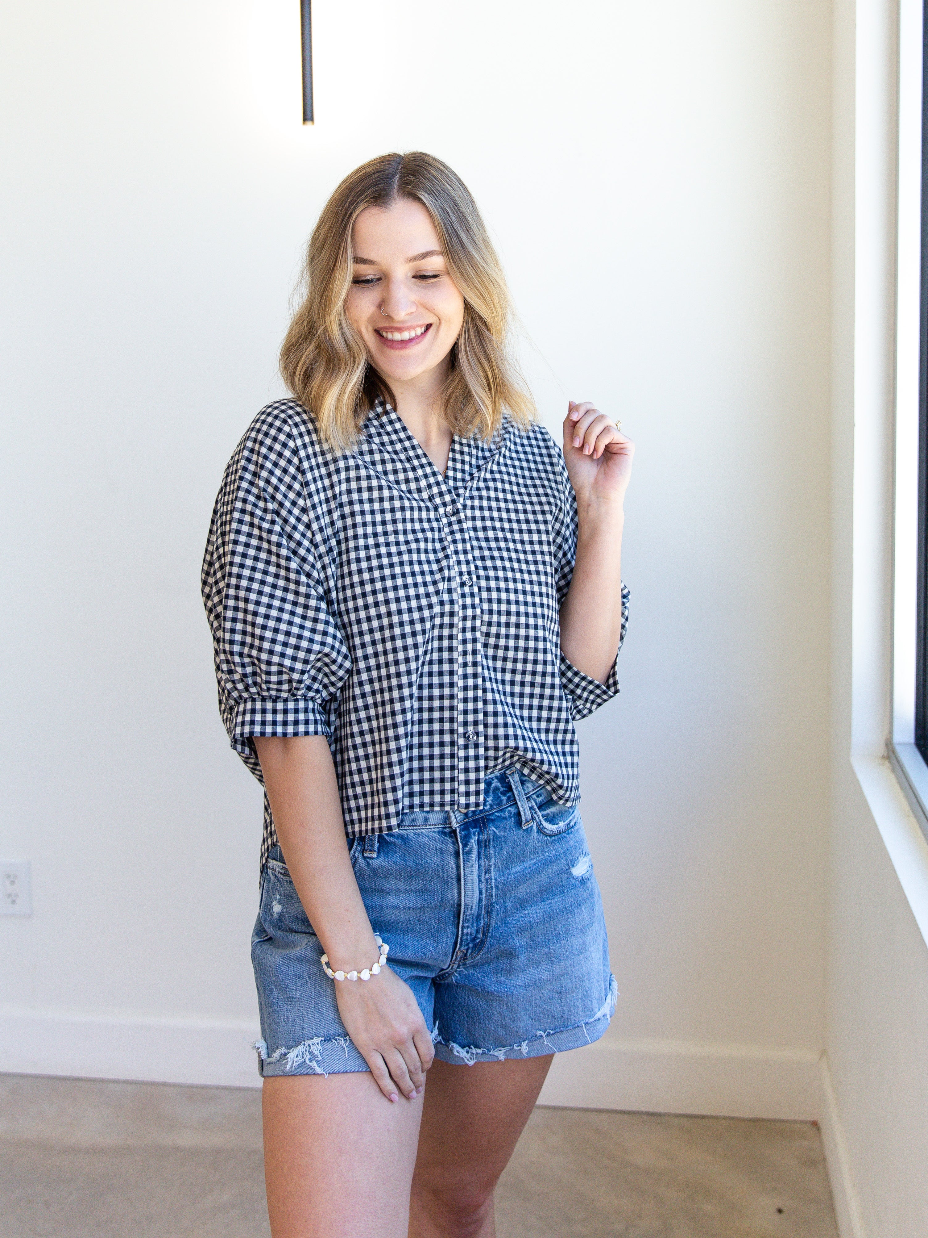 Gingham Sweetheart Blouse - Navy-200 Fashion Blouses-ALLIE ROSE-July & June Women's Fashion Boutique Located in San Antonio, Texas