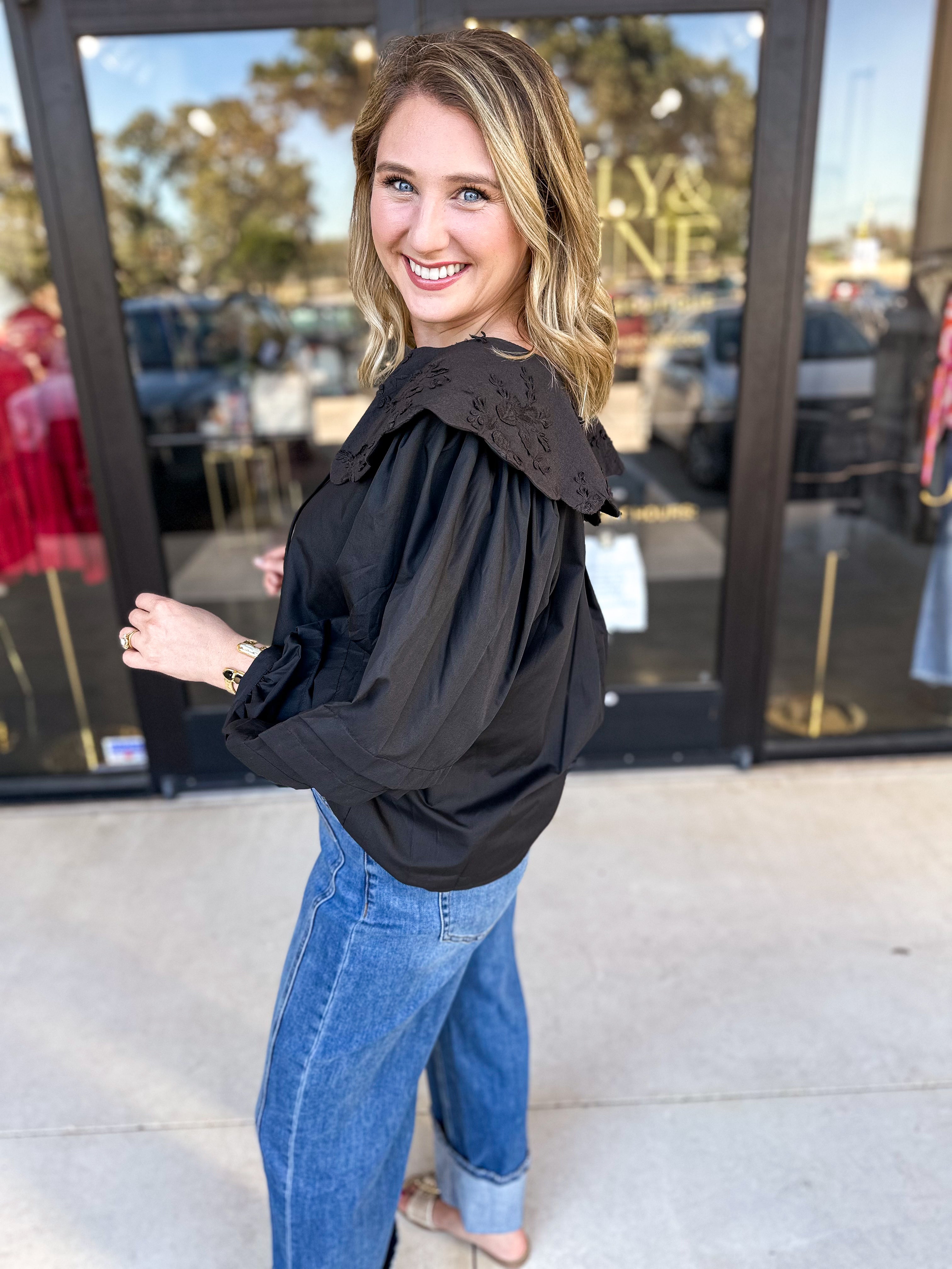 Lace Peter Pan Collar Blouse - Black-200 Fashion Blouses-ENTRO-July & June Women's Fashion Boutique Located in San Antonio, Texas