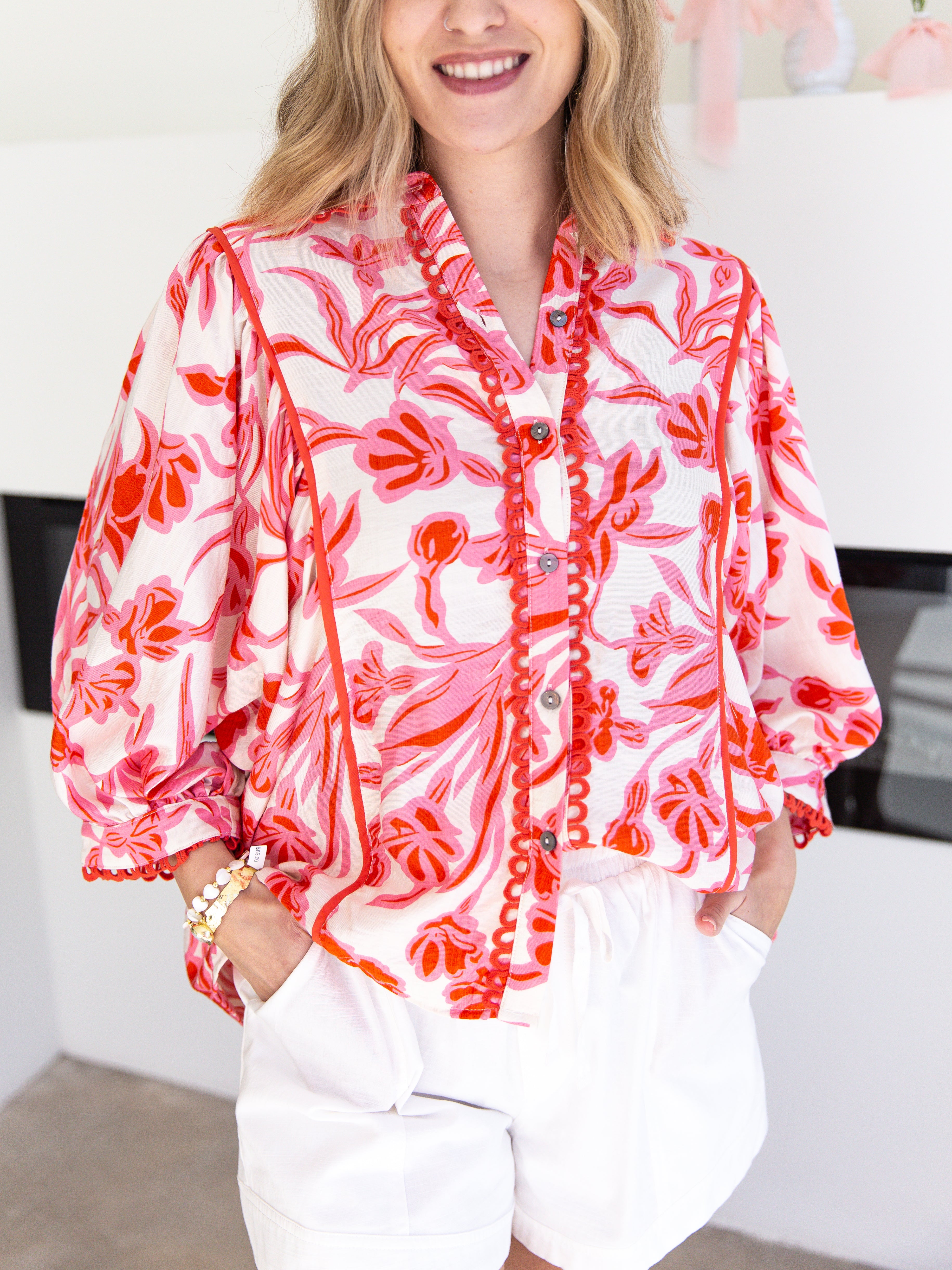 Red & Pink Floral Flowy Blouse-200 Fashion Blouses-ENTRO-July & June Women's Fashion Boutique Located in San Antonio, Texas