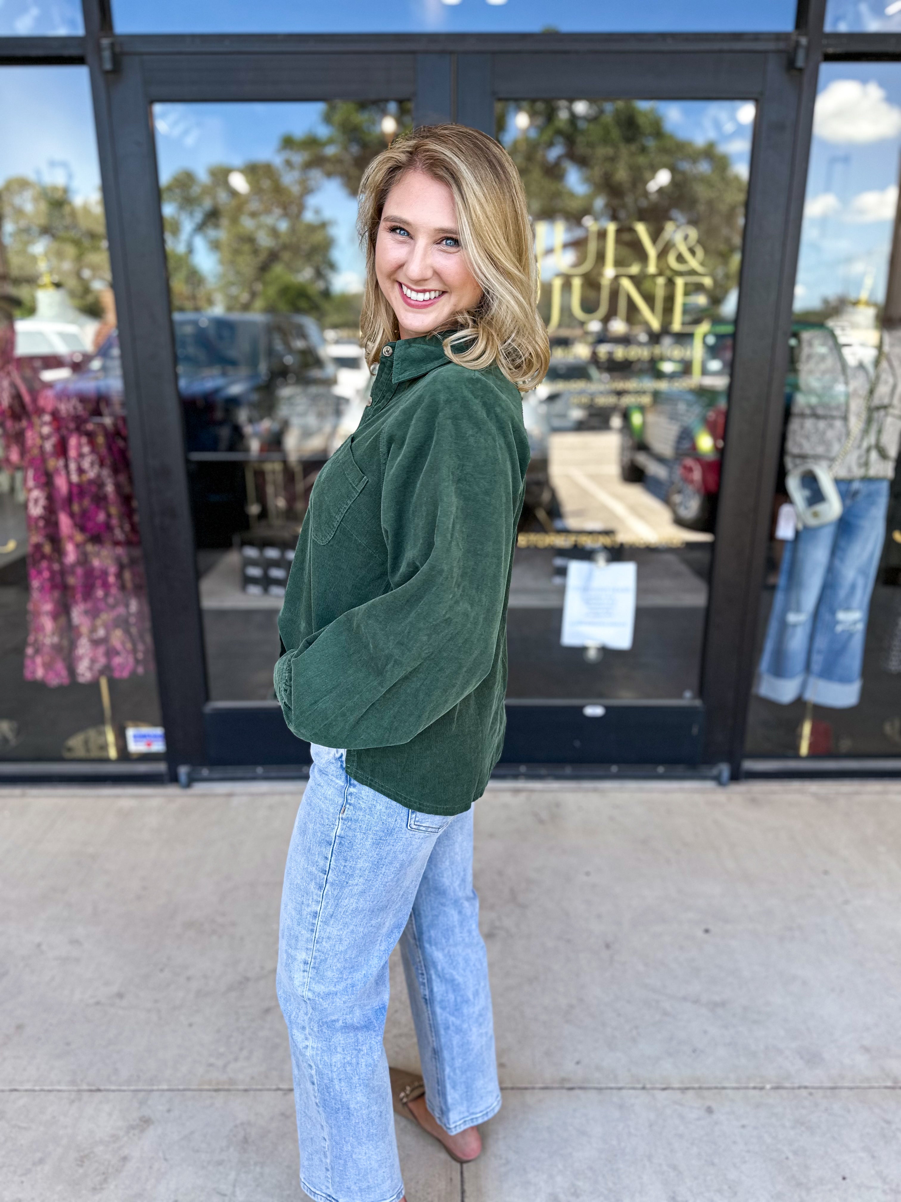 Corduroy Button Down - Deep Green-200 Fashion Blouses-JODIFL-July & June Women's Fashion Boutique Located in San Antonio, Texas