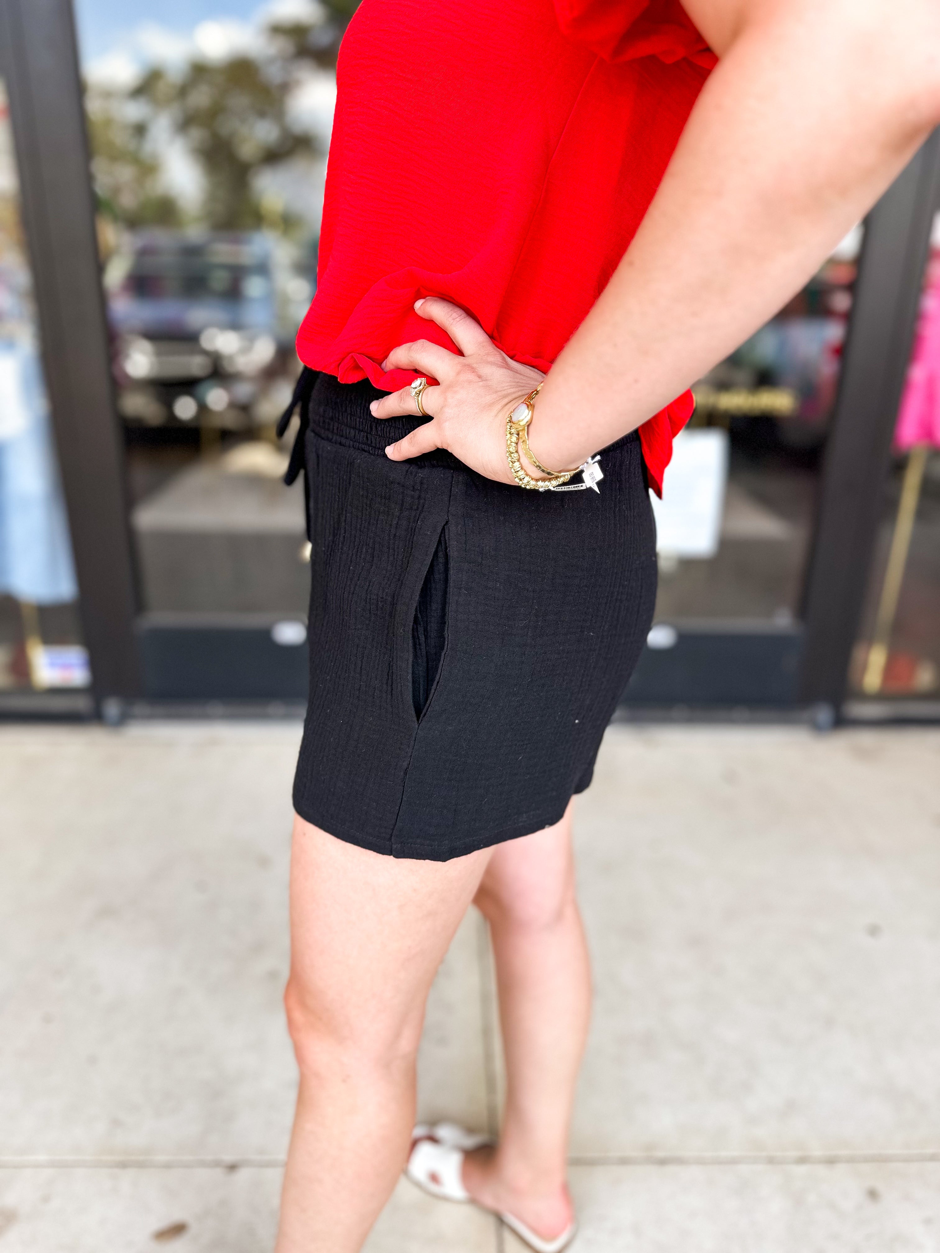 Black Gauze Shorts-410 Shorts/Skirts-ALLIE ROSE-July & June Women's Fashion Boutique Located in San Antonio, Texas