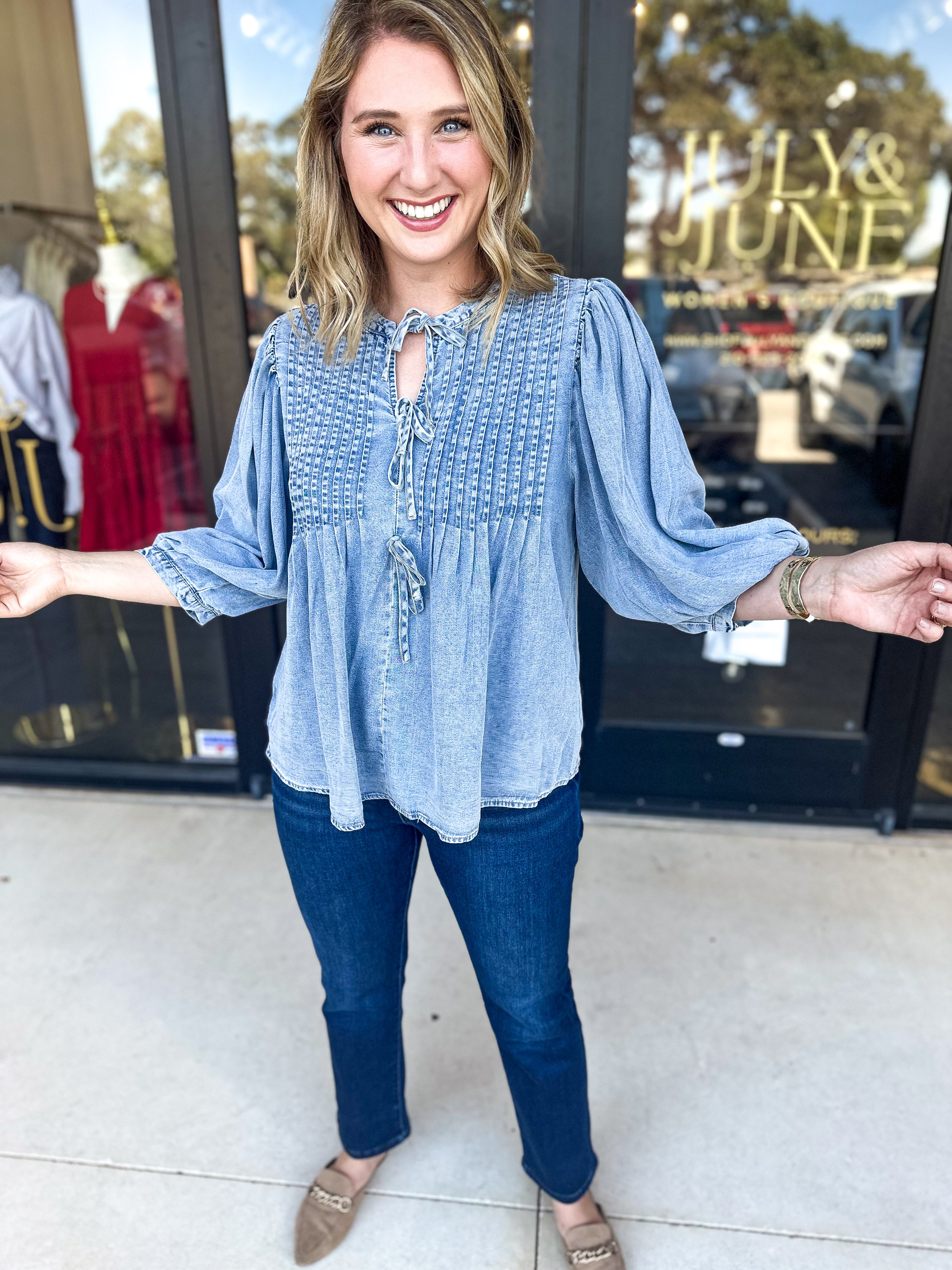 Denim Bow Blouse-200 Fashion Blouses-ENTRO-July & June Women's Fashion Boutique Located in San Antonio, Texas