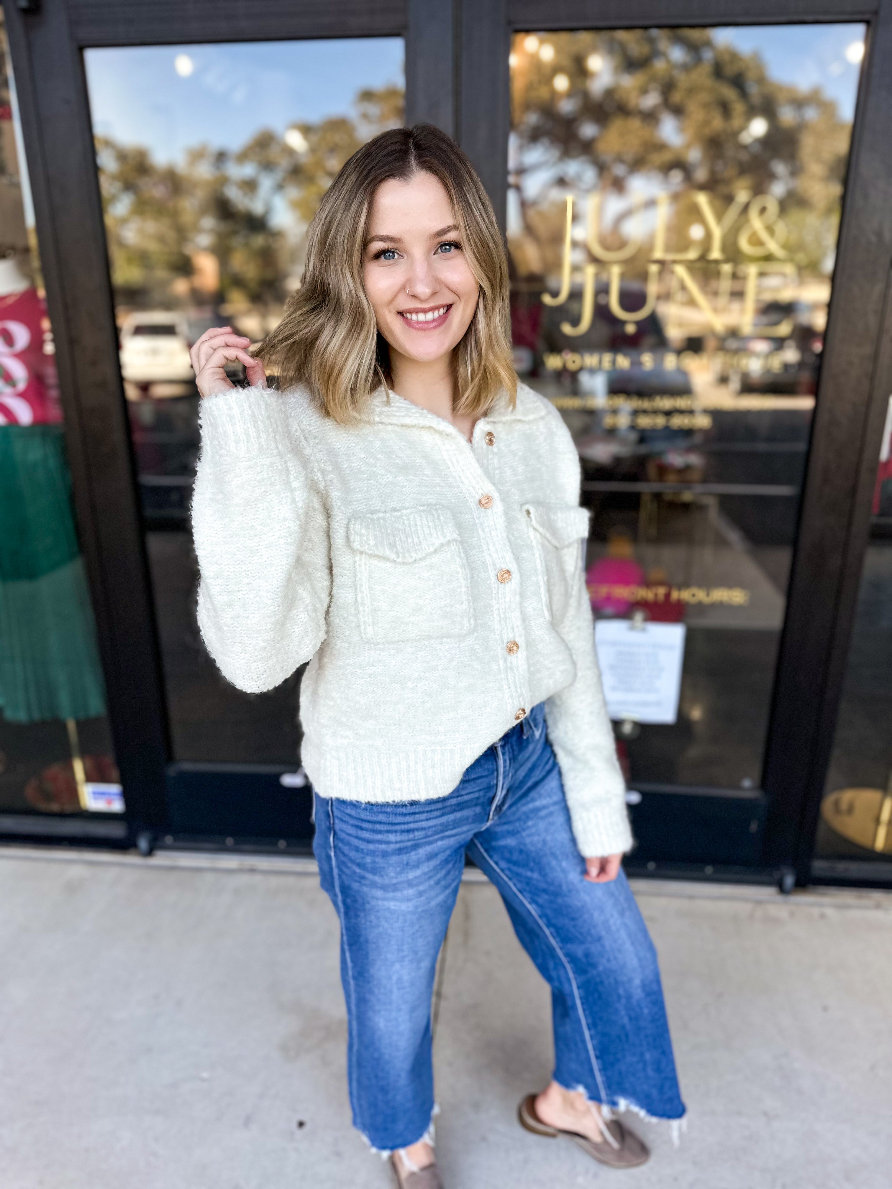 Ivory Collared Fuzzy Cardigan-230 Sweaters/Cardis-PINCH-July & June Women's Fashion Boutique Located in San Antonio, Texas