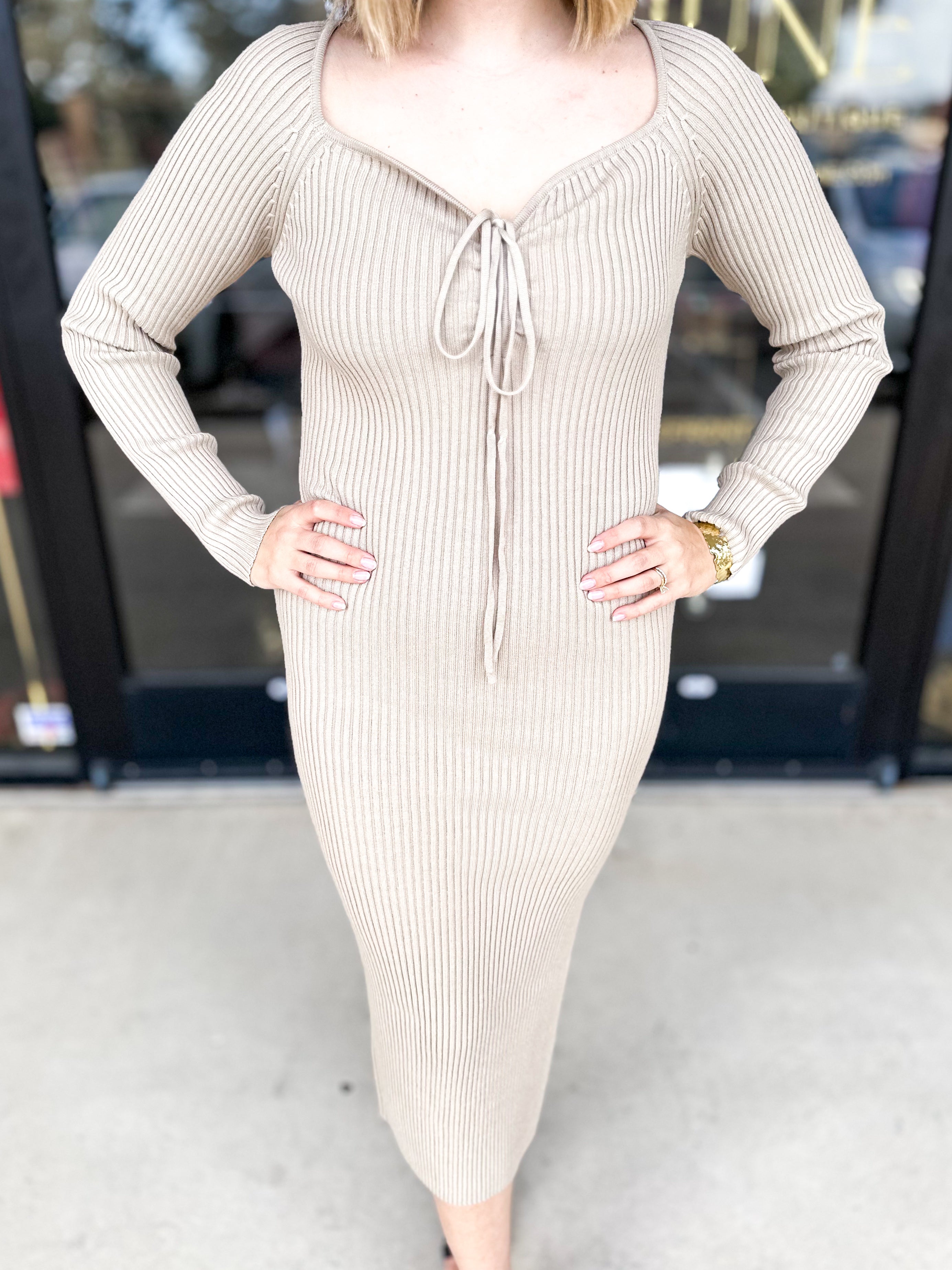 Ribbed Midi Dress -Sand-PINK FRIDAY DOORBUSTER- ONLINE-PINK FRIDAY DOORBUSTERS-SKIES ARE BLUE-July & June Women's Fashion Boutique Located in San Antonio, Texas