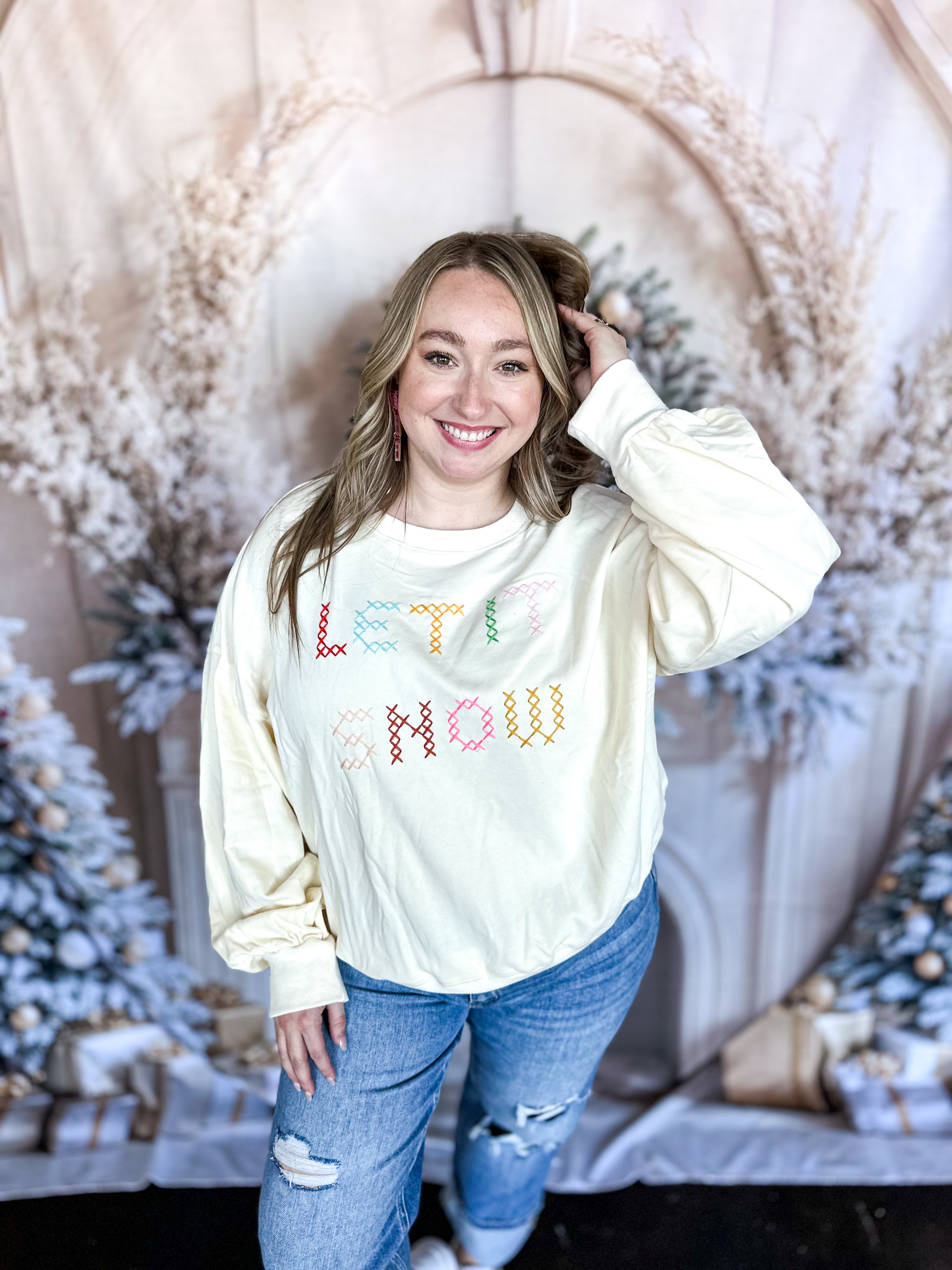 Let It Snow Pullover Top-210 Casual Blouses-FANTASTIC FAWN-July & June Women's Fashion Boutique Located in San Antonio, Texas