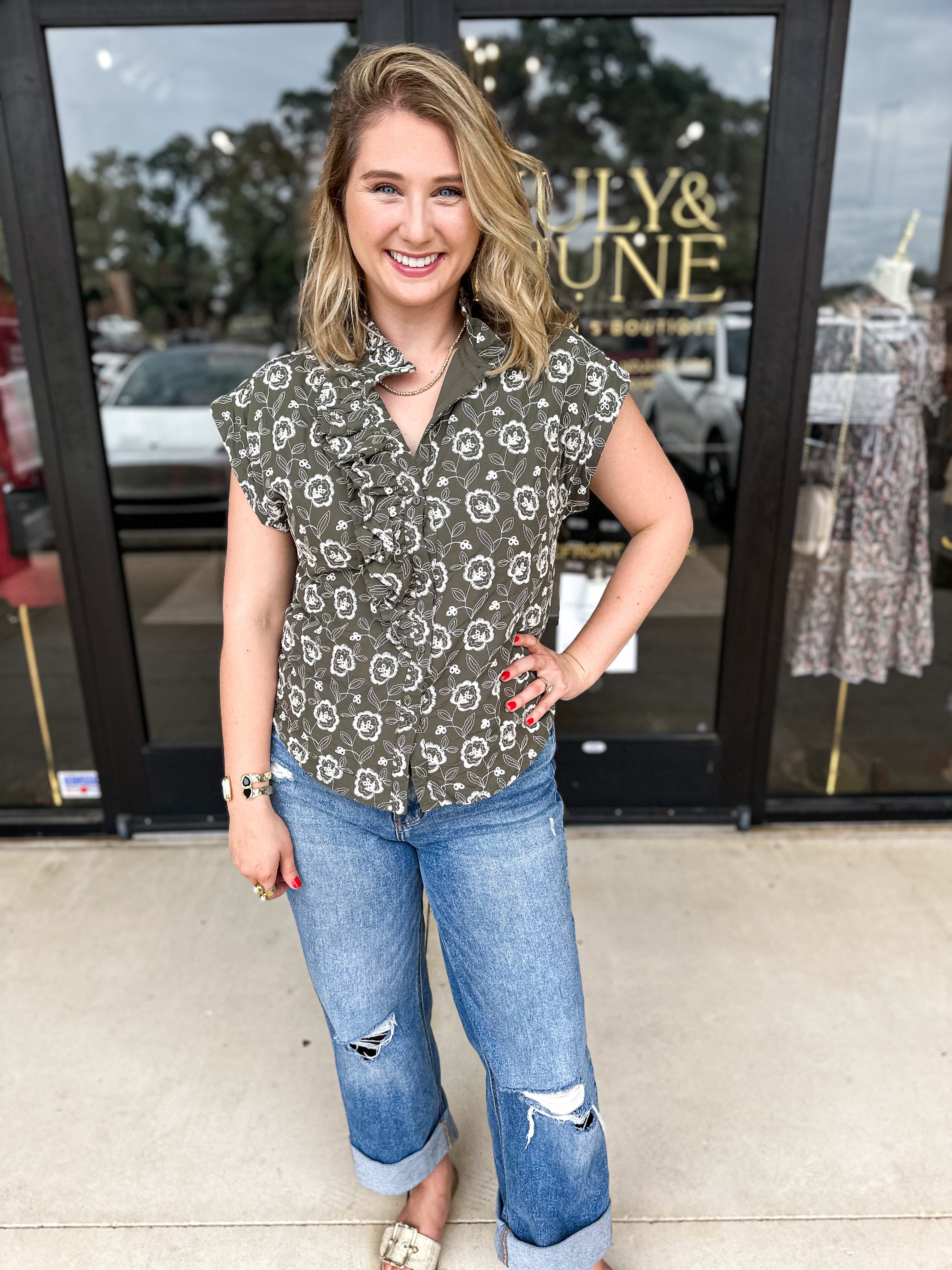 Olive Floral Blouse-200 Fashion Blouses-ENTRO-July & June Women's Fashion Boutique Located in San Antonio, Texas