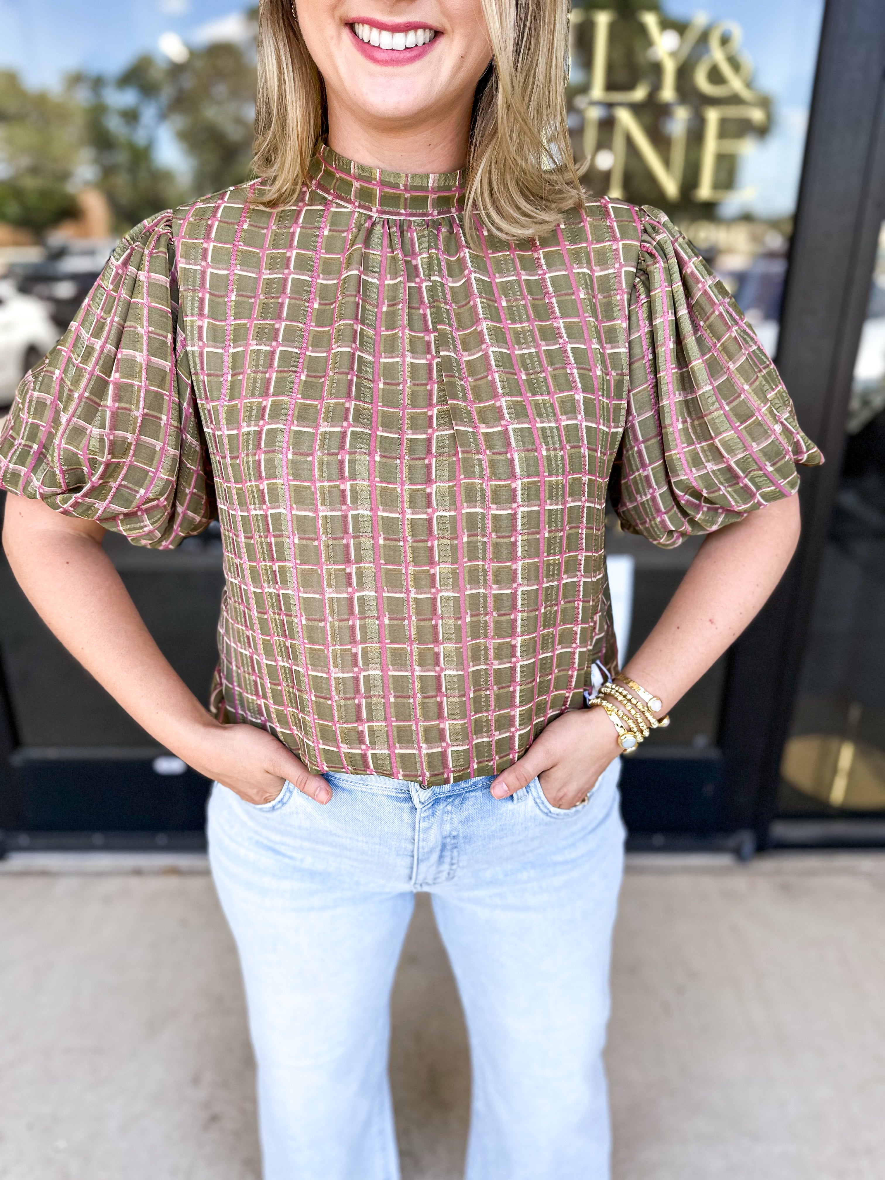 THML - Olive Plaid Blouse-200 Fashion Blouses-THML-July & June Women's Fashion Boutique Located in San Antonio, Texas