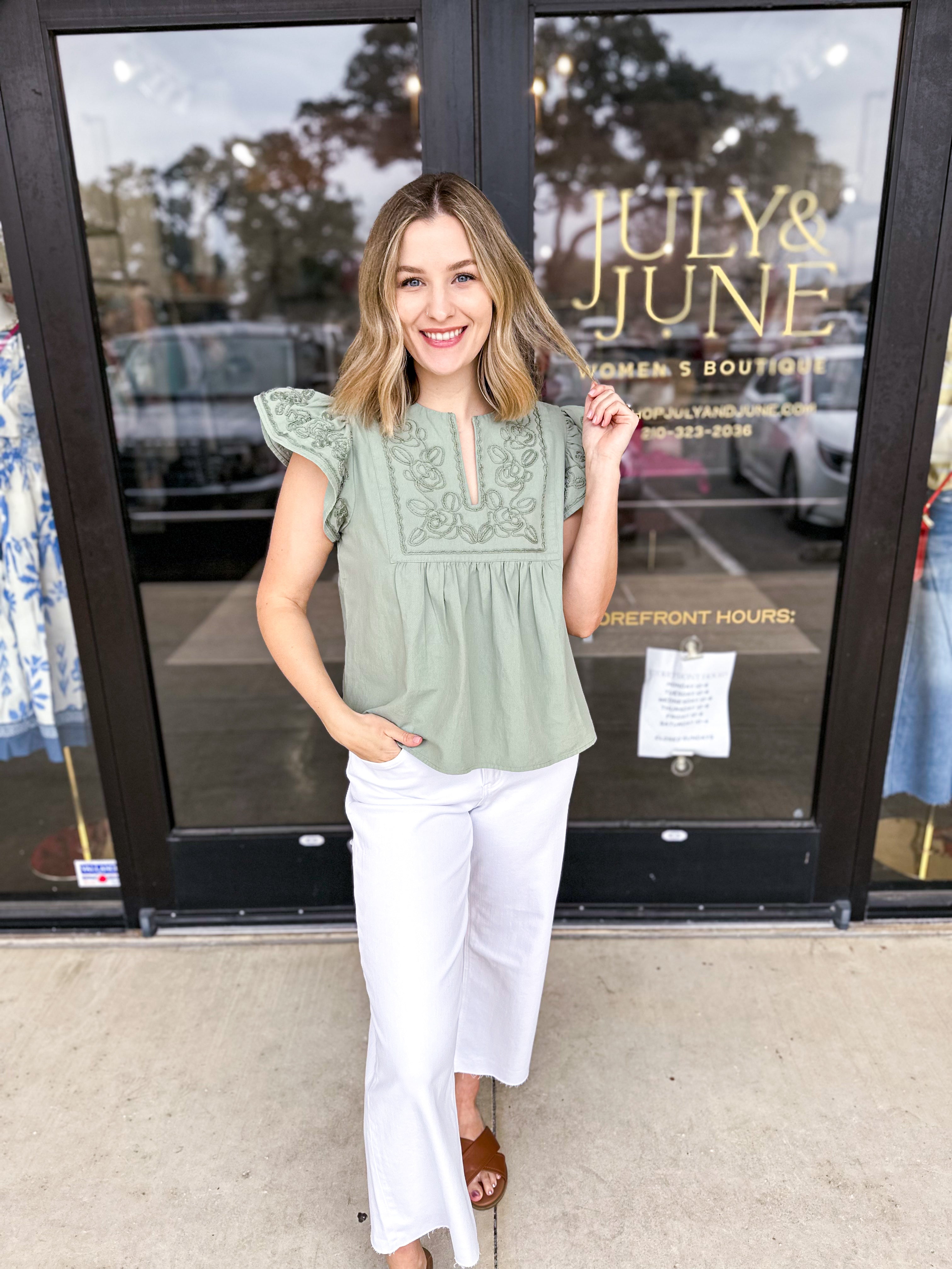 The Magnolia Embroidered Blouse - Seafoam-200 Fashion Blouses-ENTRO-July & June Women's Fashion Boutique Located in San Antonio, Texas