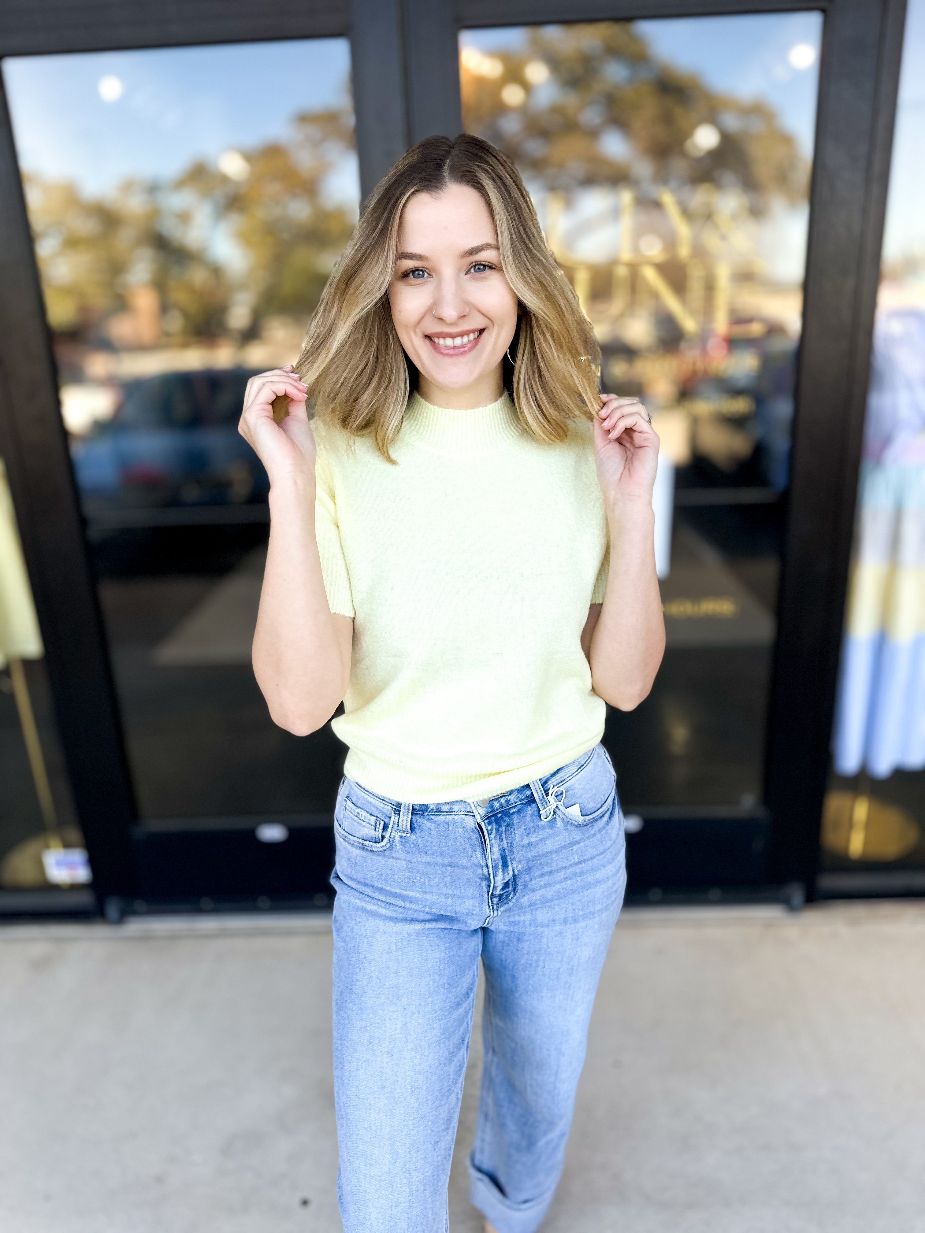 A Pastel Affair Knit Tee - Yellow-230 Sweaters/Cardis-PINCH-July & June Women's Fashion Boutique Located in San Antonio, Texas